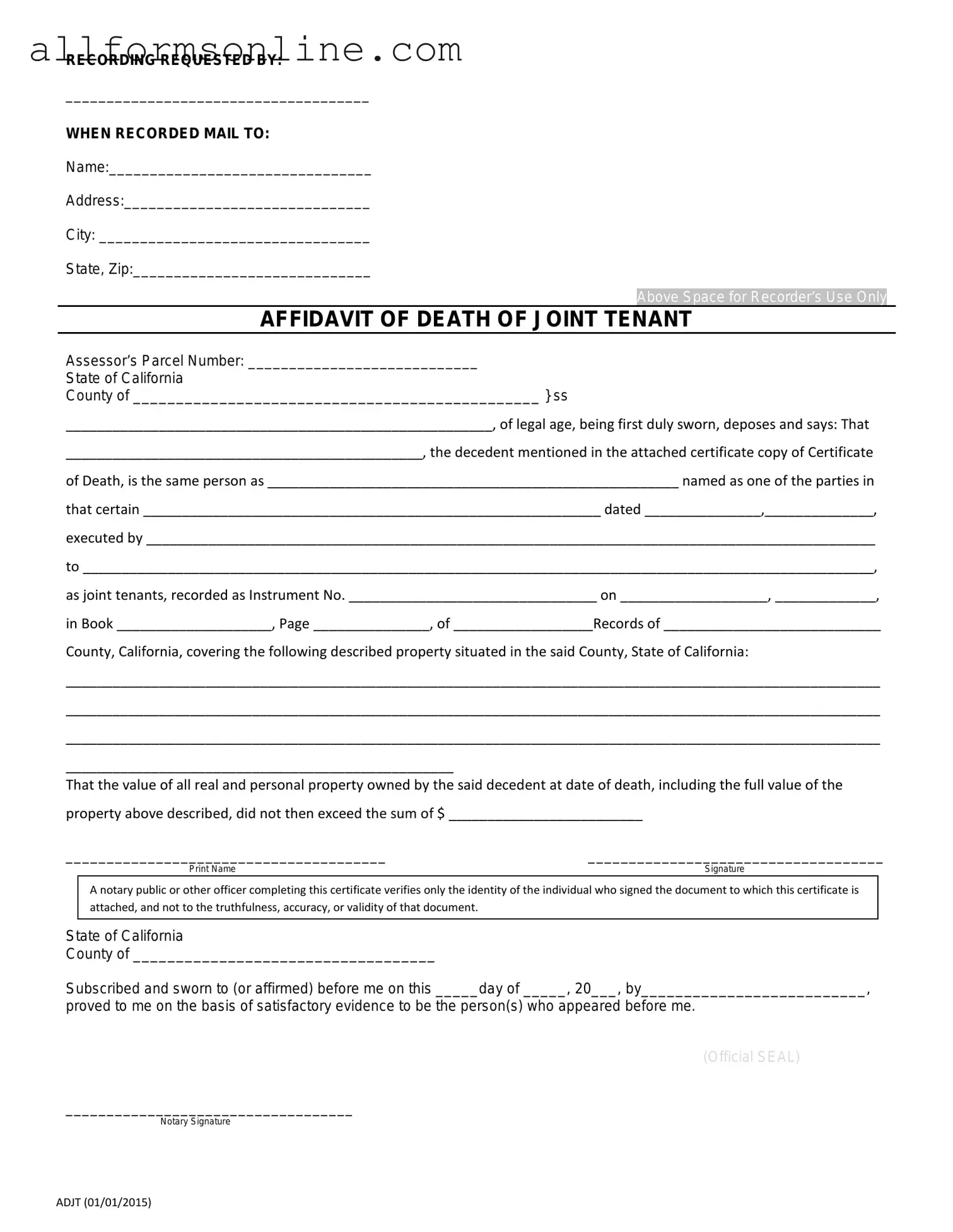 Free California Death of a Joint Tenant Affidavit PDF Form
