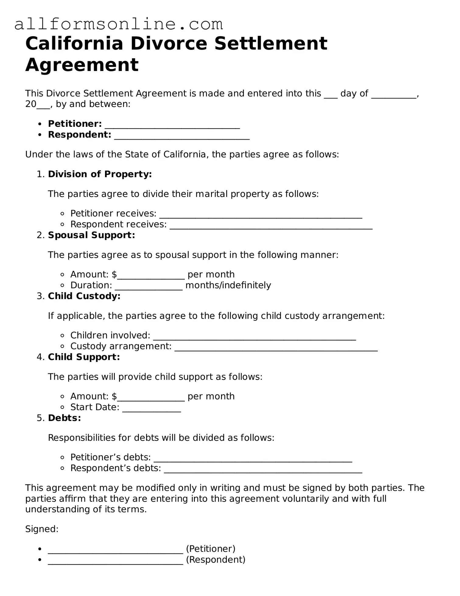 Attorney-Approved  Divorce Settlement Agreement Form for California