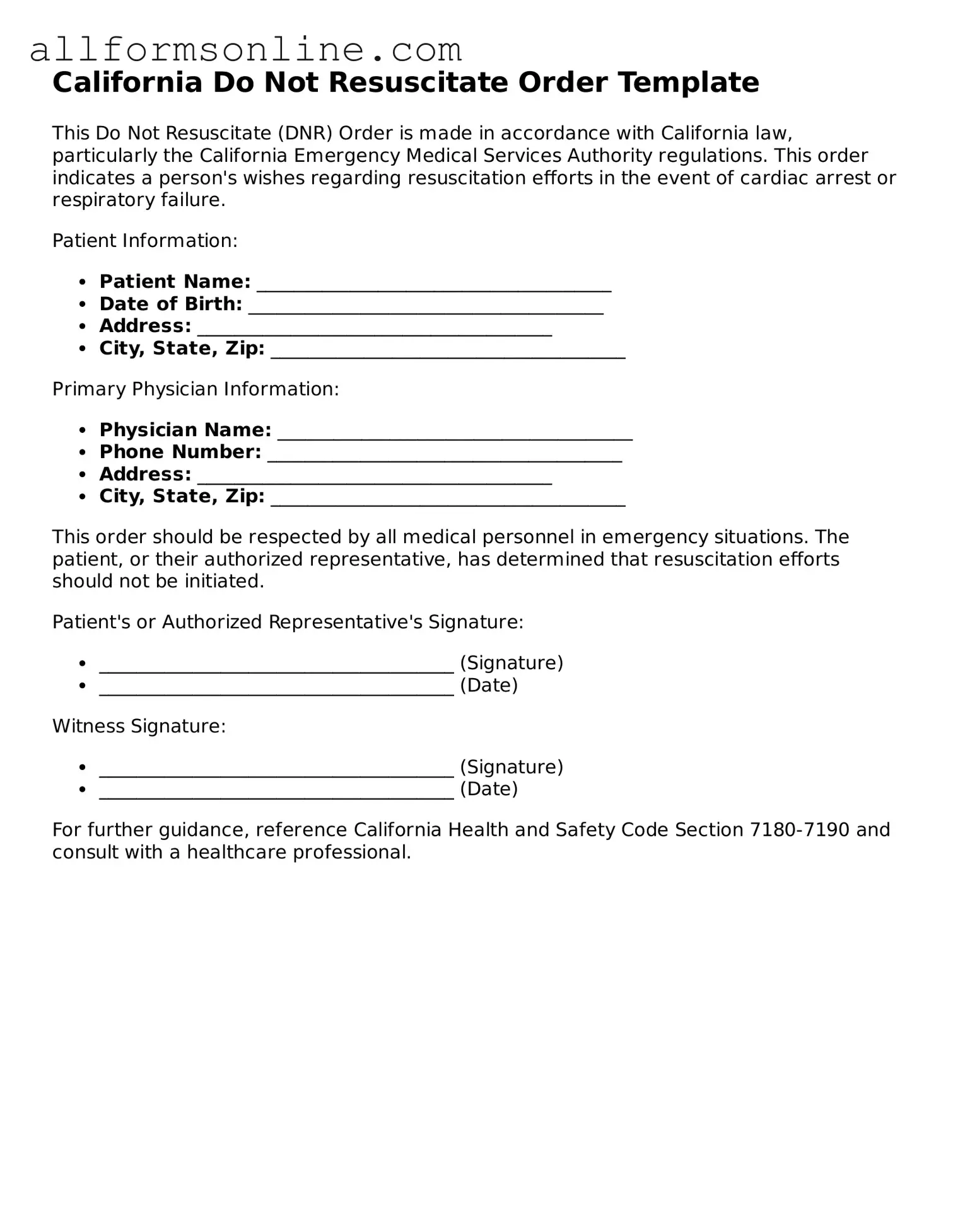 Attorney-Approved  Do Not Resuscitate Order Form for California