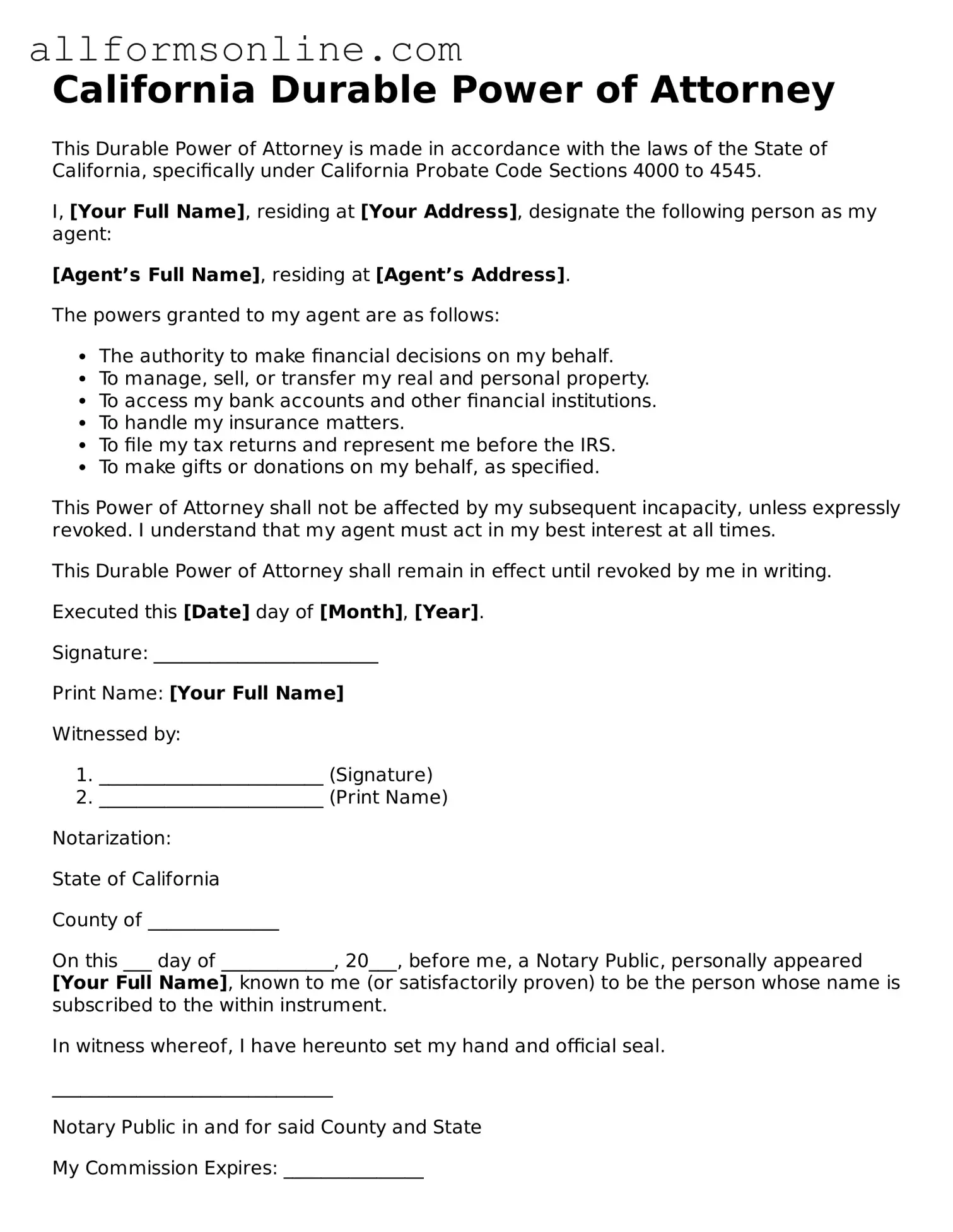 Attorney-Approved  Durable Power of Attorney Form for California