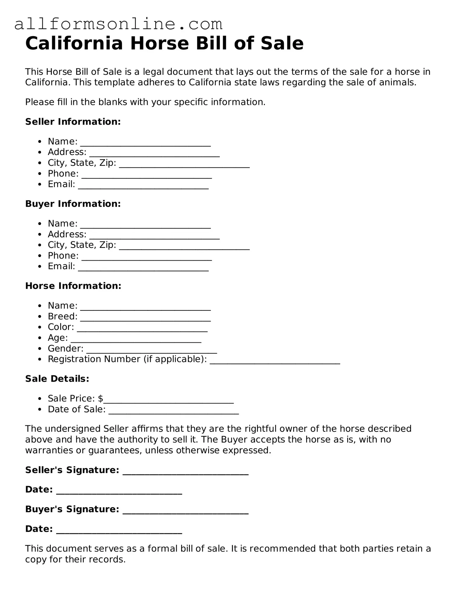 Attorney-Approved  Horse Bill of Sale Form for California