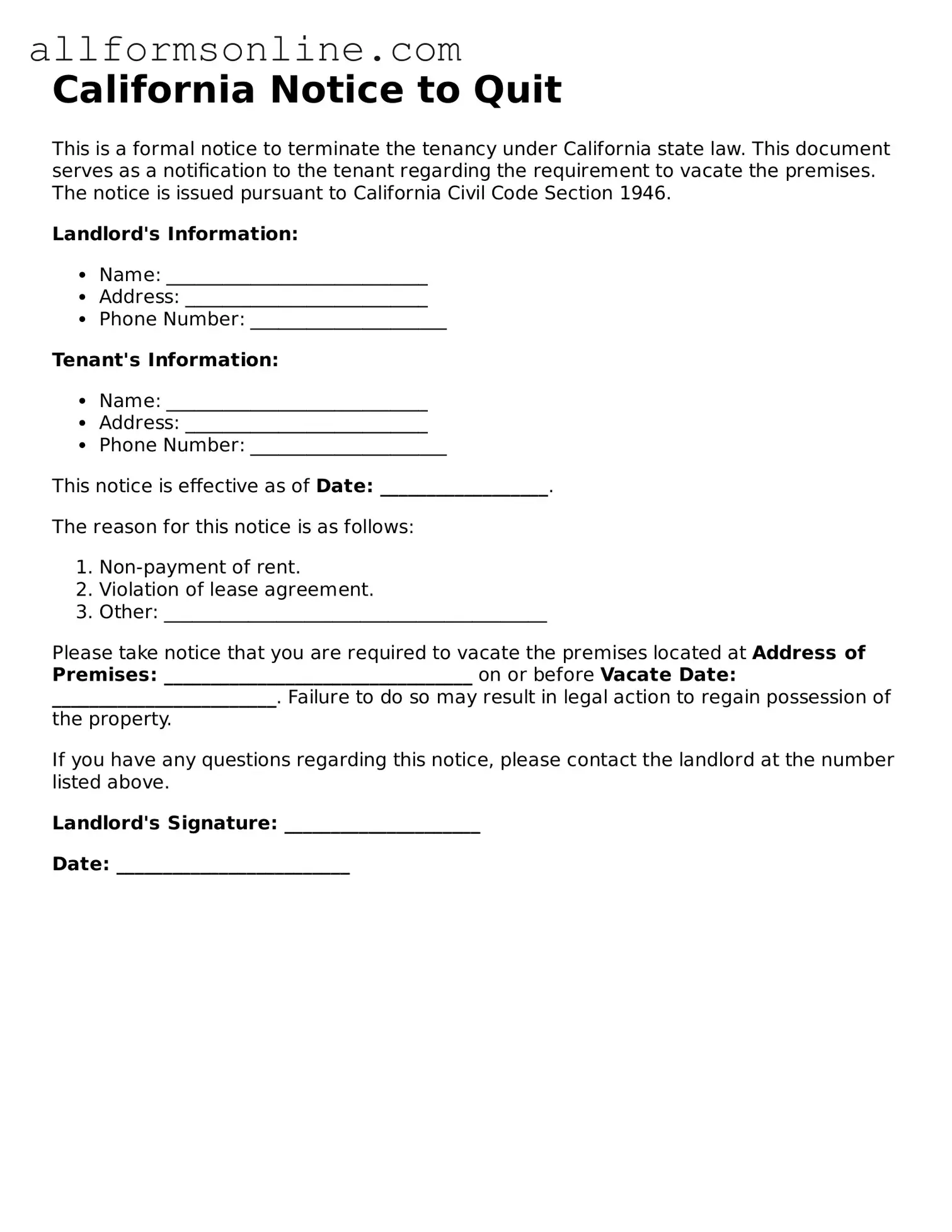 Attorney-Approved  Notice to Quit Form for California