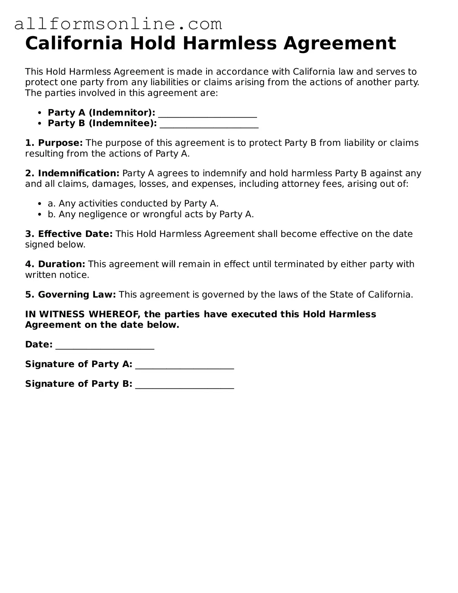 Attorney-Approved  Hold Harmless Agreement Form for California