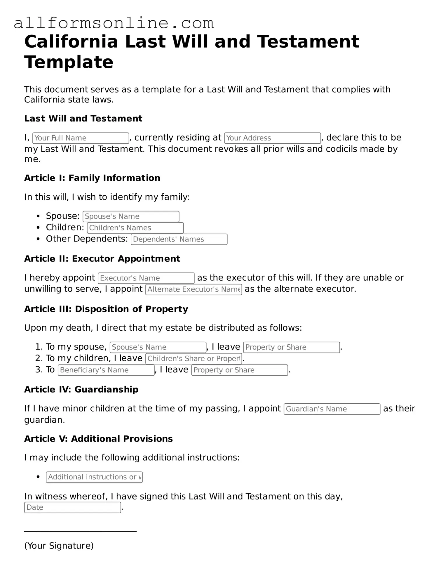 Attorney-Approved  Last Will and Testament Form for California
