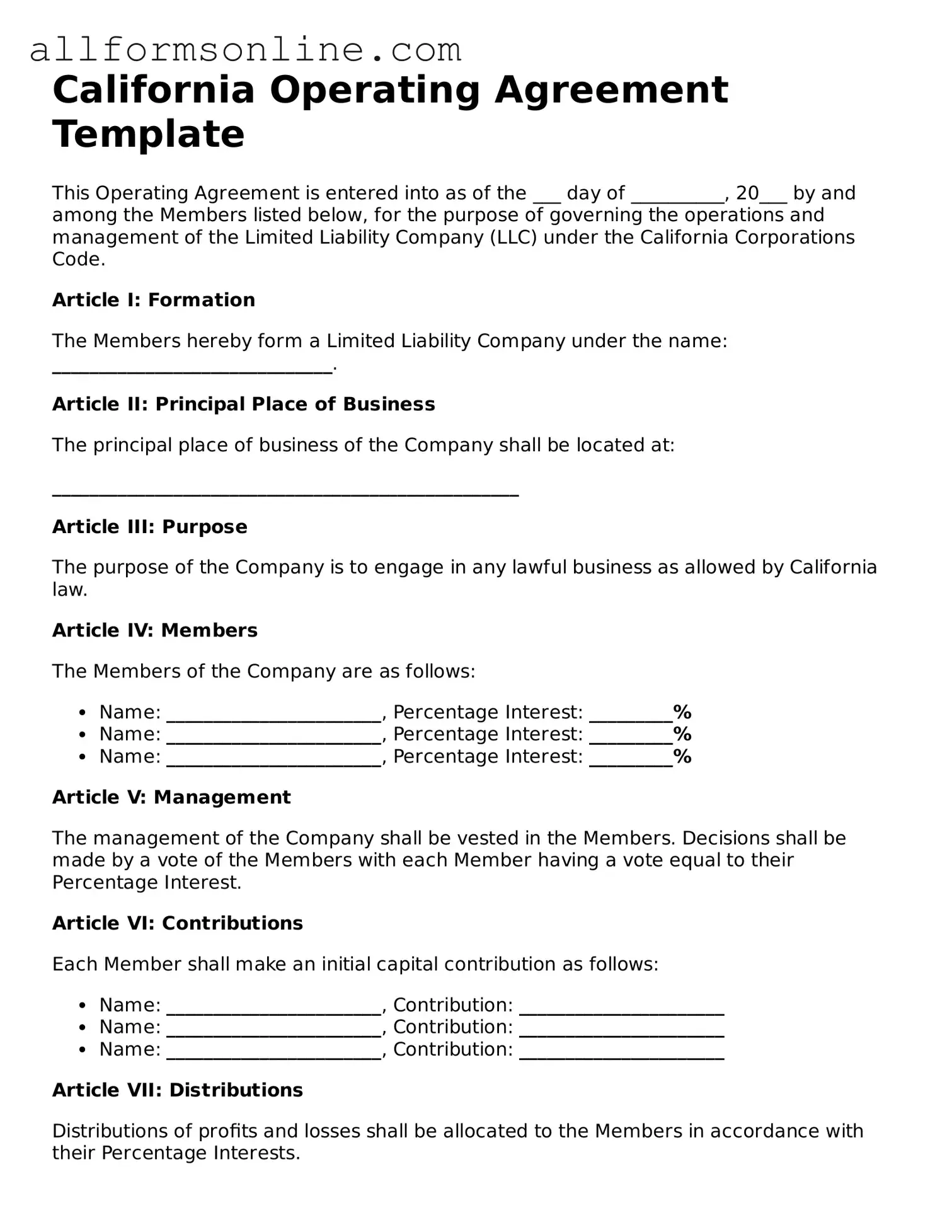 Attorney-Approved  Operating Agreement Form for California