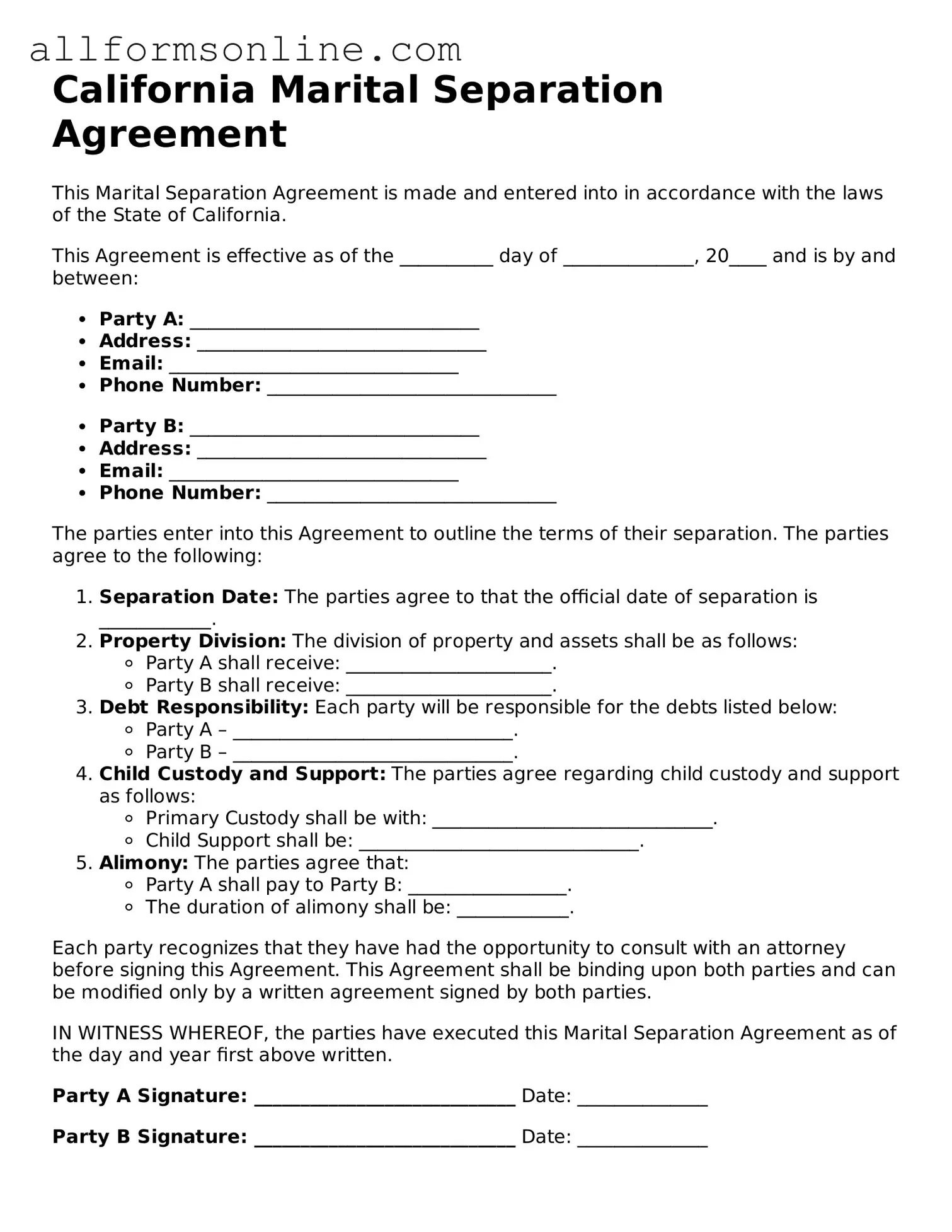 Attorney-Approved  Marital Separation Agreement Form for California