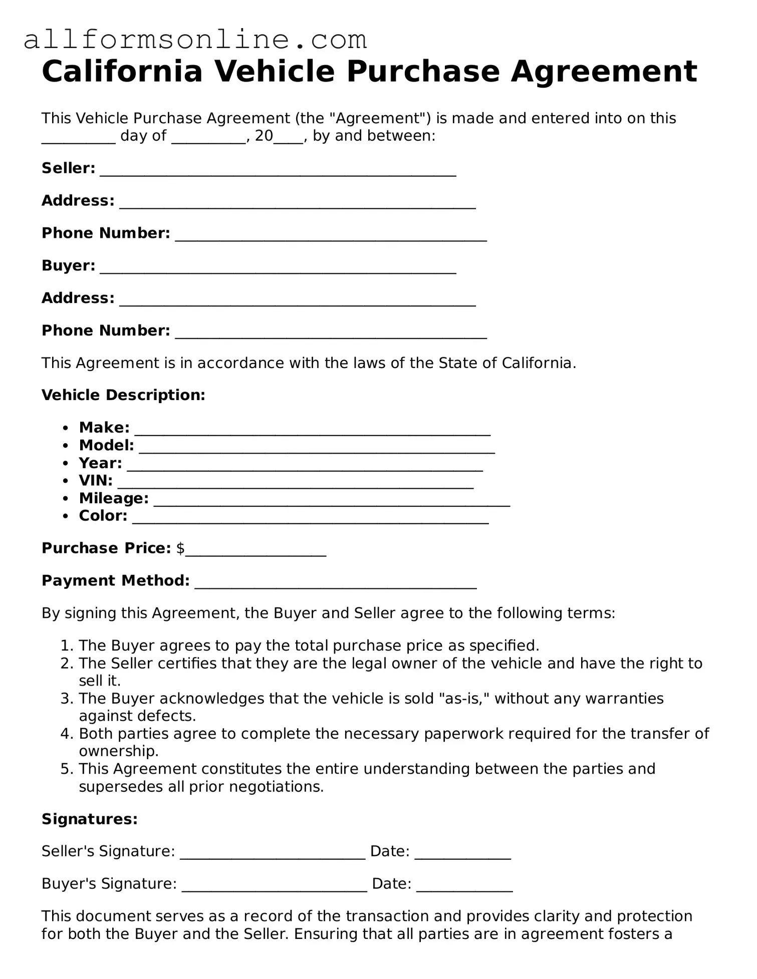 Attorney-Approved  Vehicle Purchase Agreement Form for California