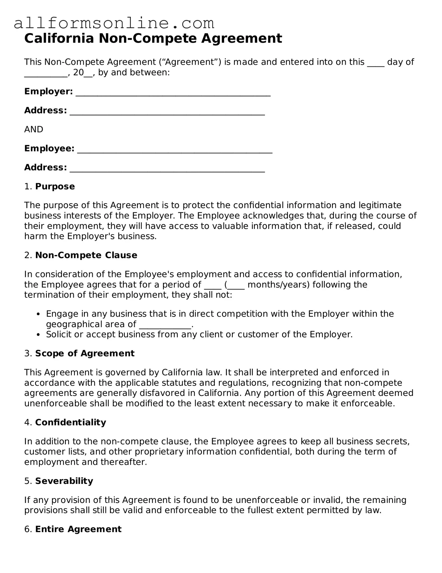 Attorney-Approved  Non-compete Agreement Form for California