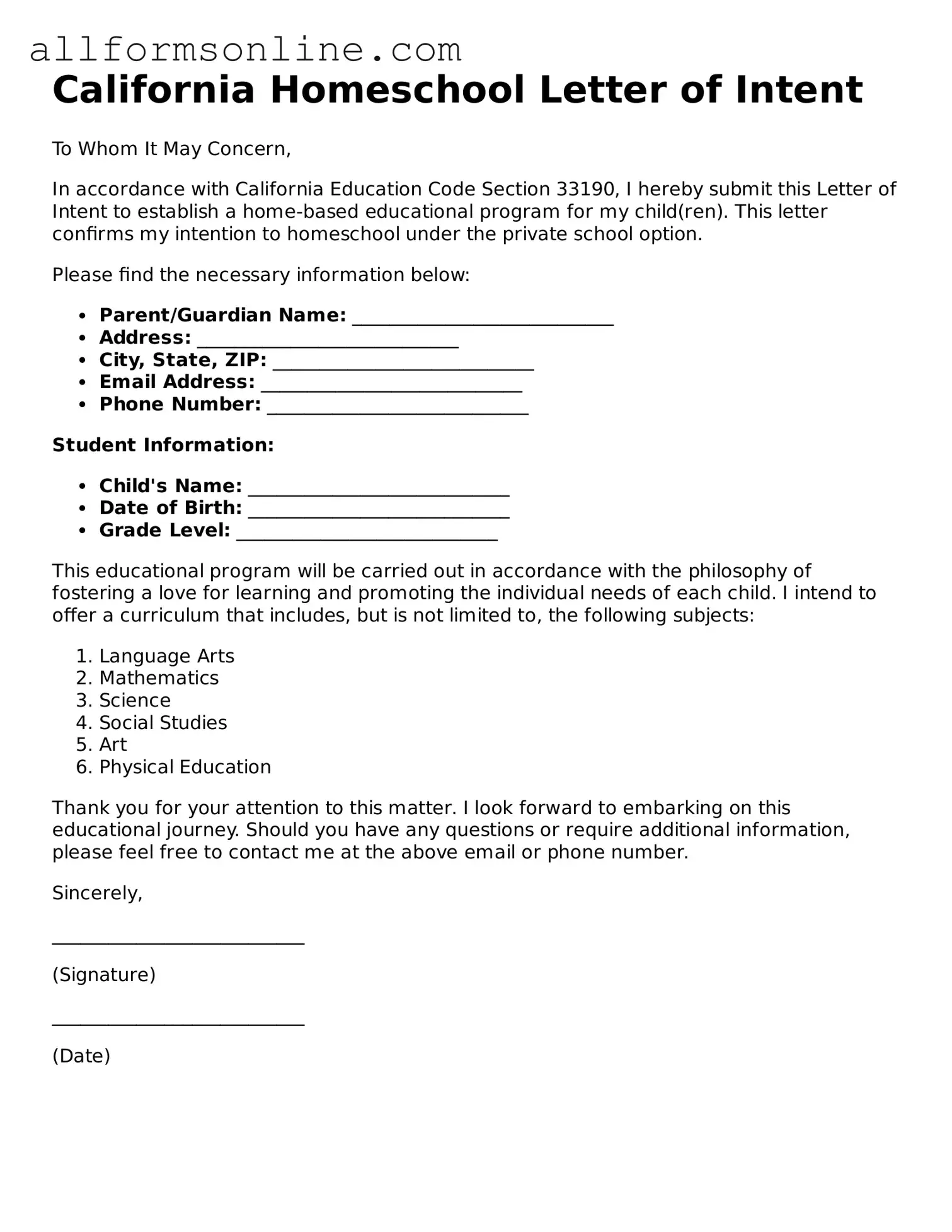 Attorney-Approved  Homeschool Letter of Intent Form for California