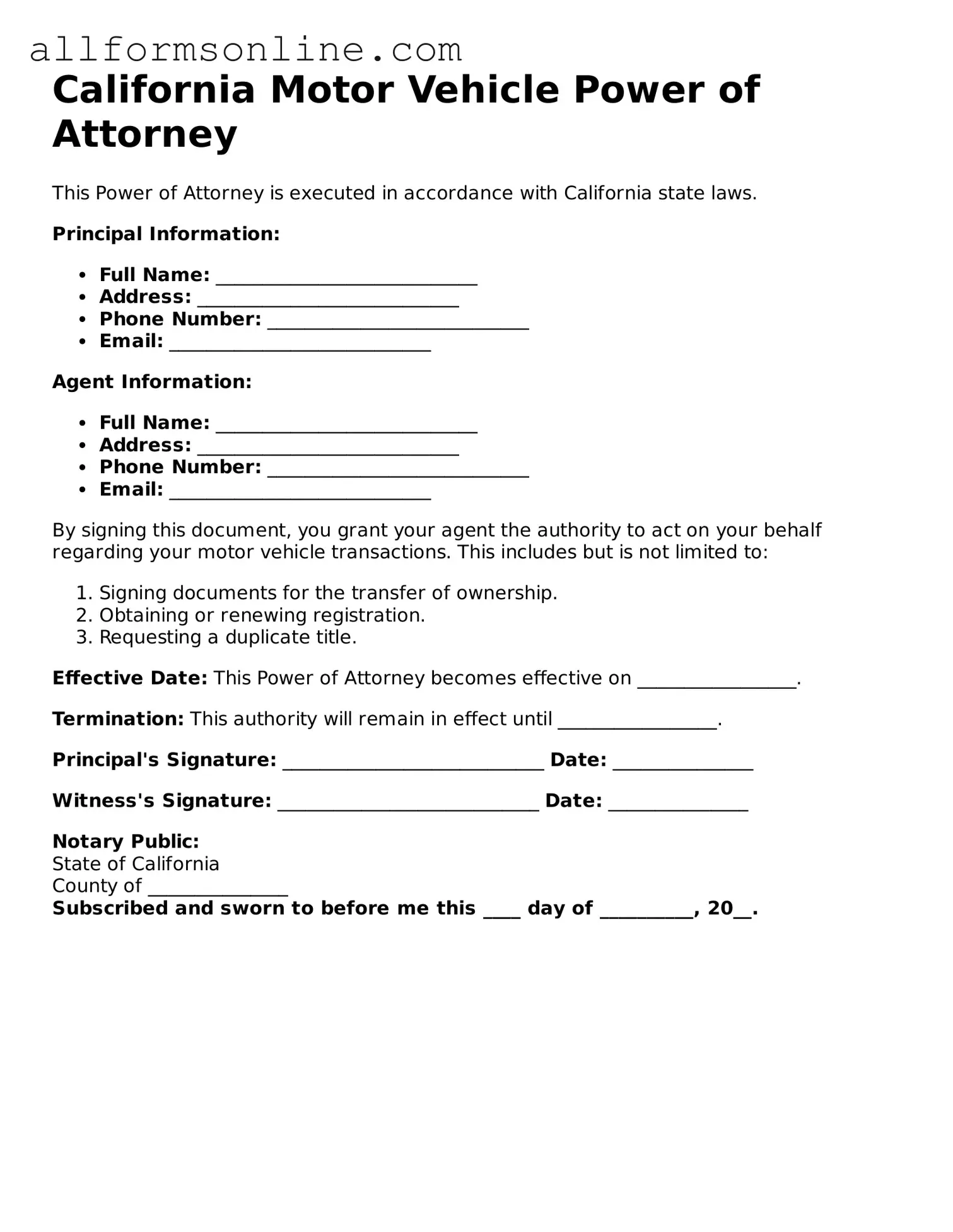 Attorney-Approved  Motor Vehicle Power of Attorney Form for California