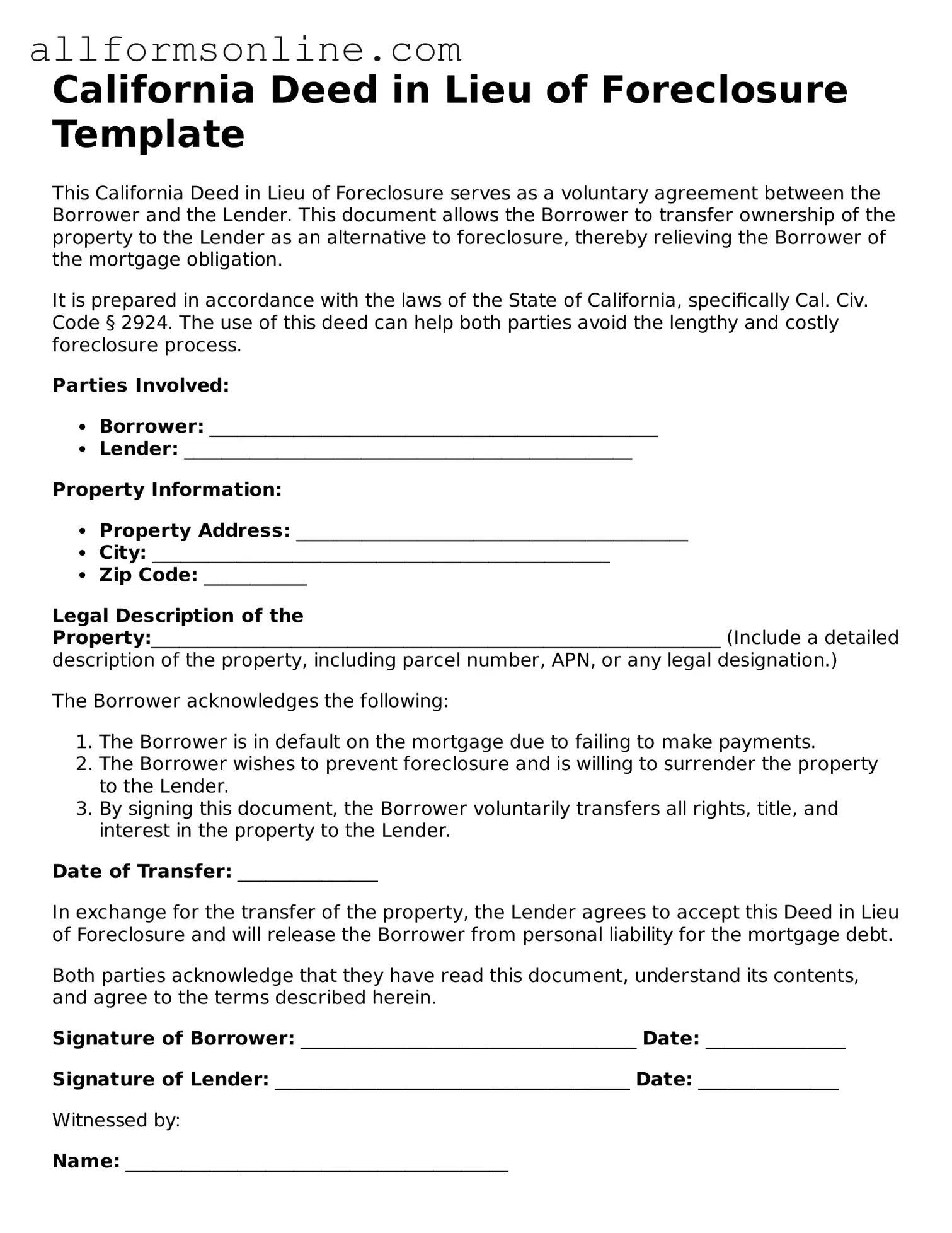 Attorney-Approved  Deed in Lieu of Foreclosure Form for California