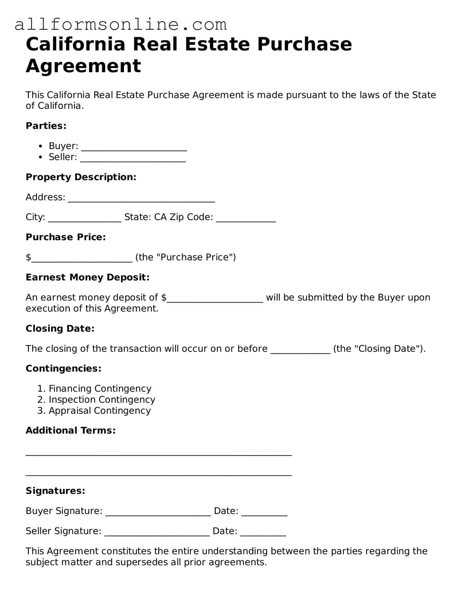 Attorney-Approved  Real Estate Purchase Agreement Form for California