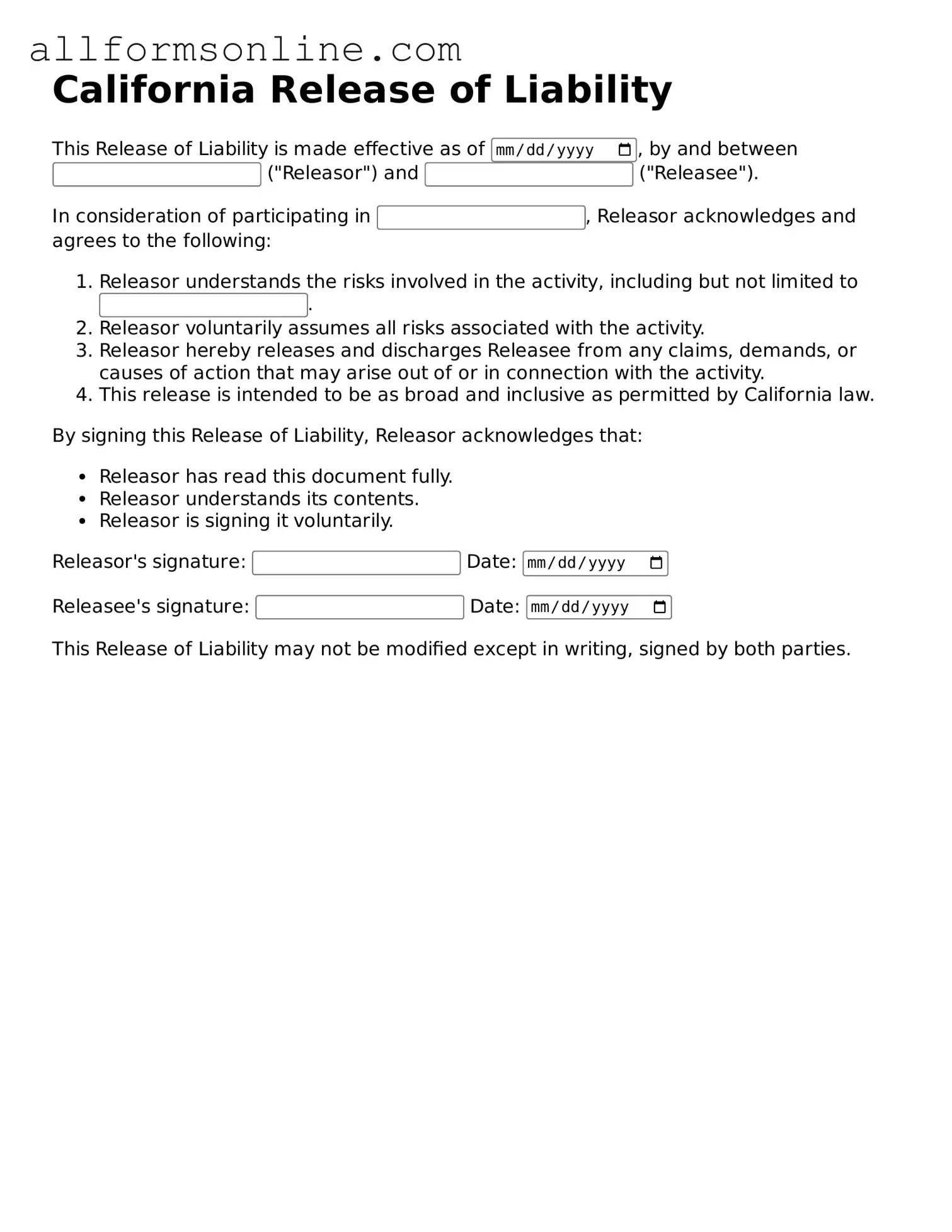 Attorney-Approved  Release of Liability Form for California