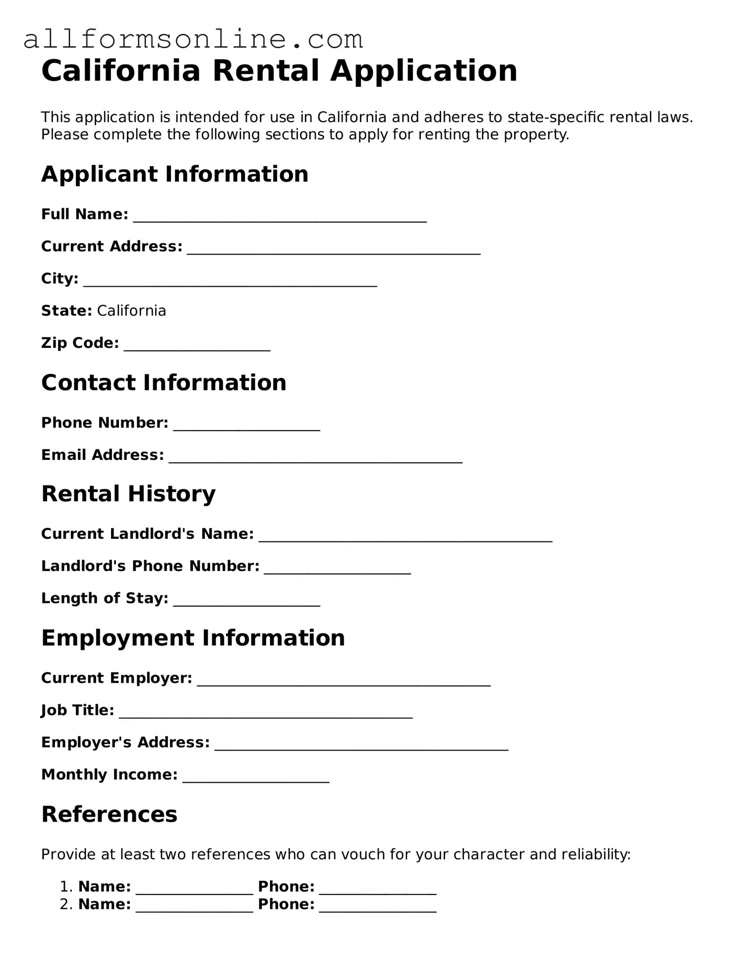Attorney-Approved  Rental Application Form for California