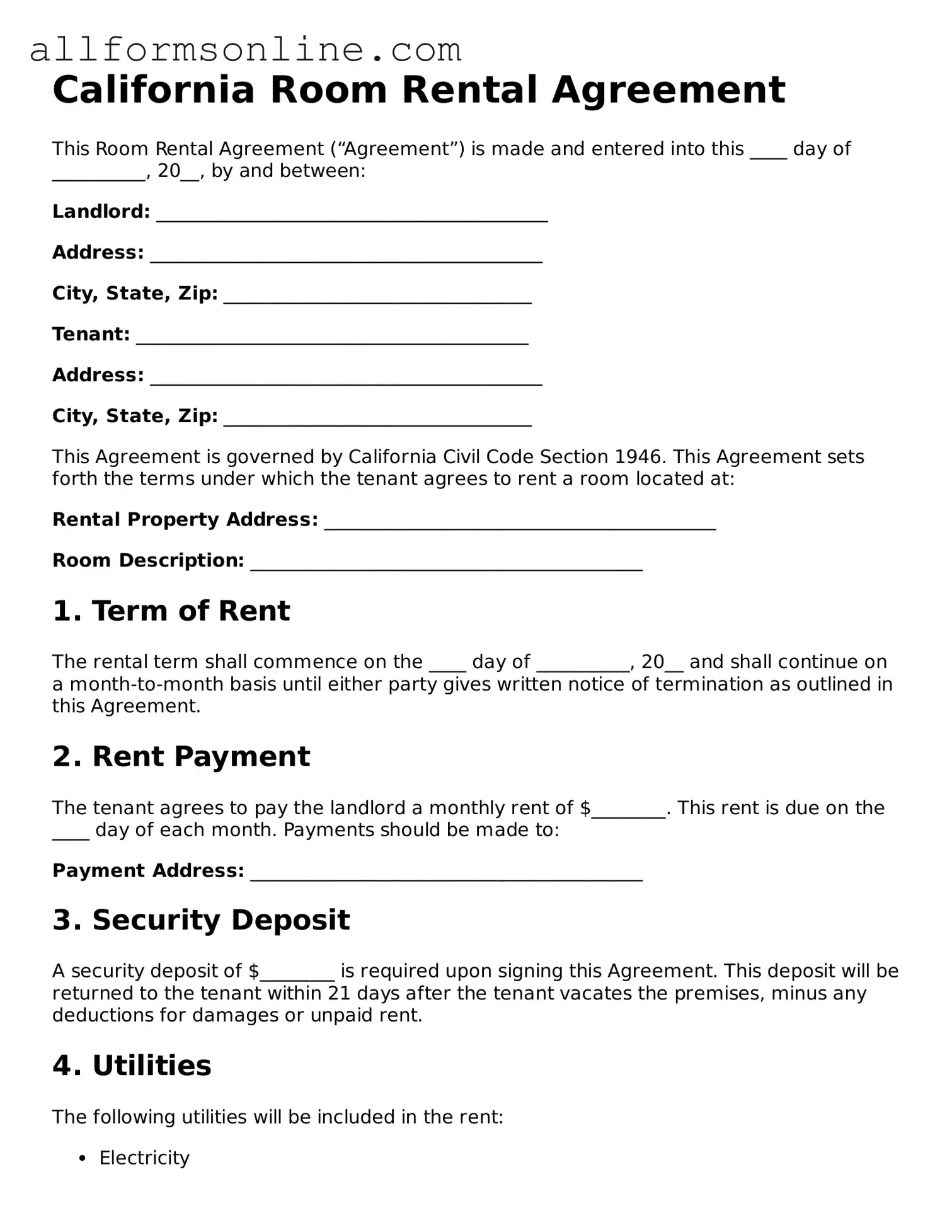 Attorney-Approved  Room Rental Agreement Form for California