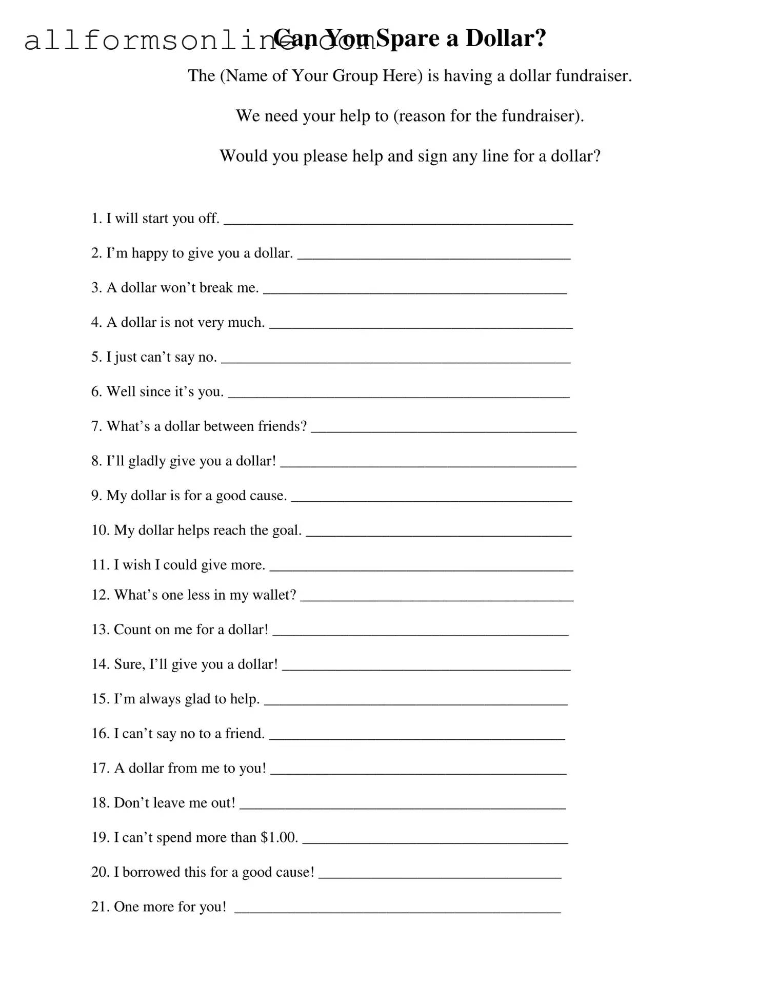 Free Donated A Dollar PDF Form