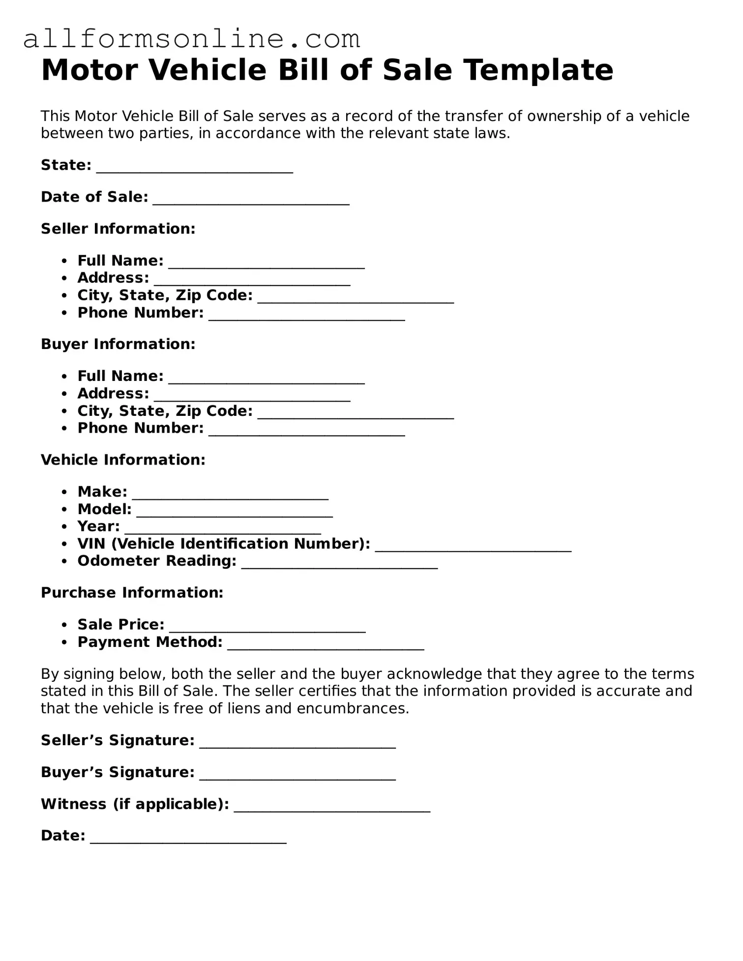 Blank Motor Vehicle Bill of Sale Form