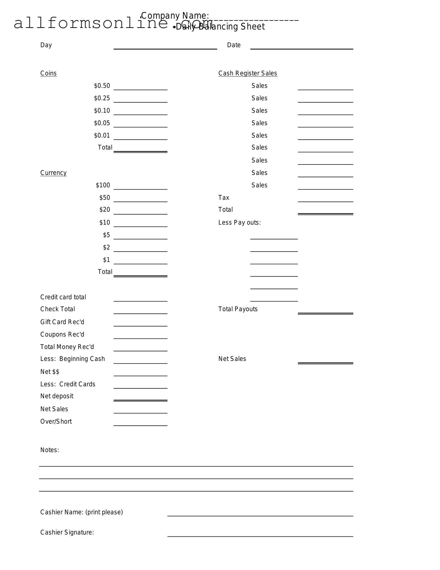 Free Cash Drawer Count Sheet PDF Form