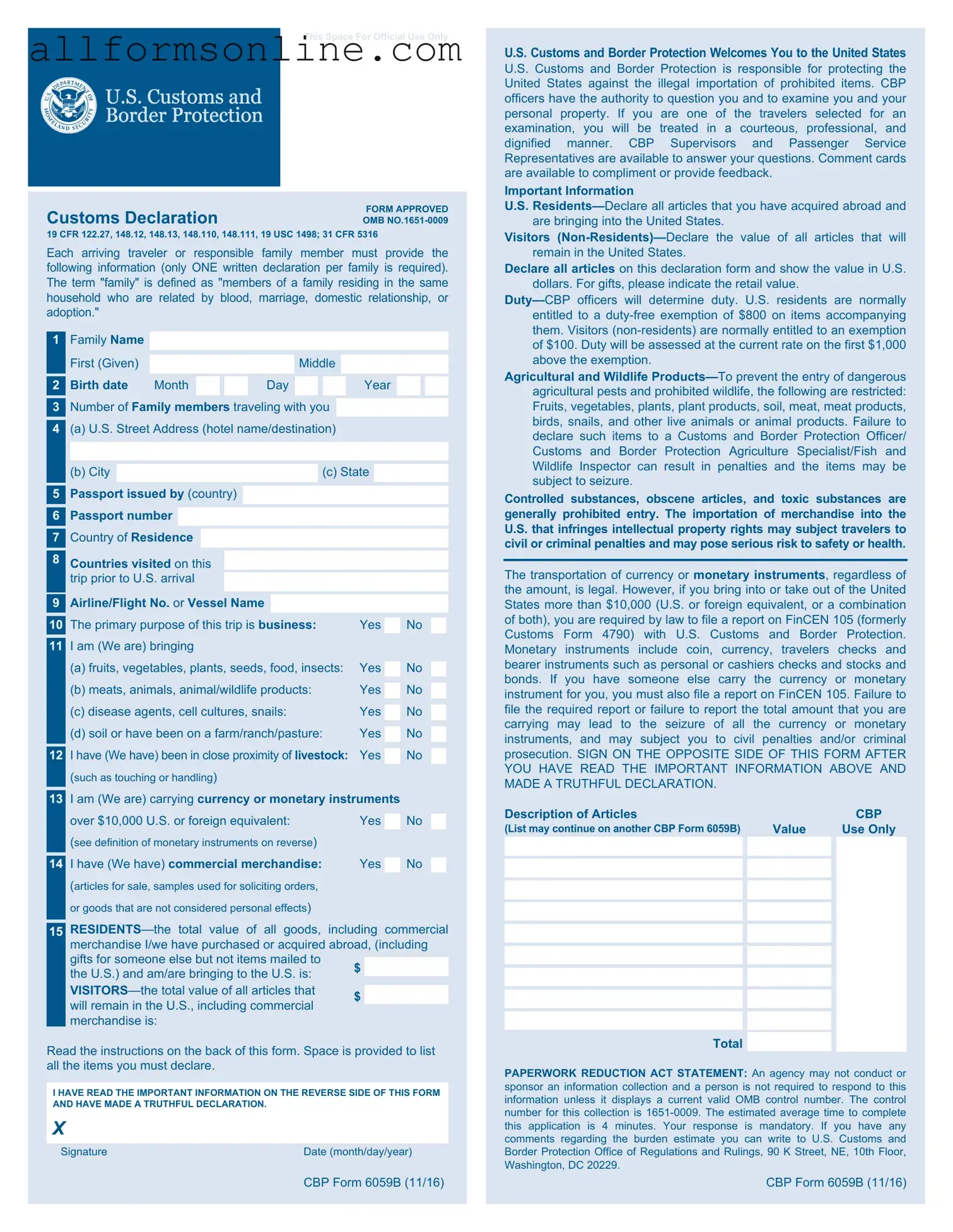 Free CBP 6059B PDF Form