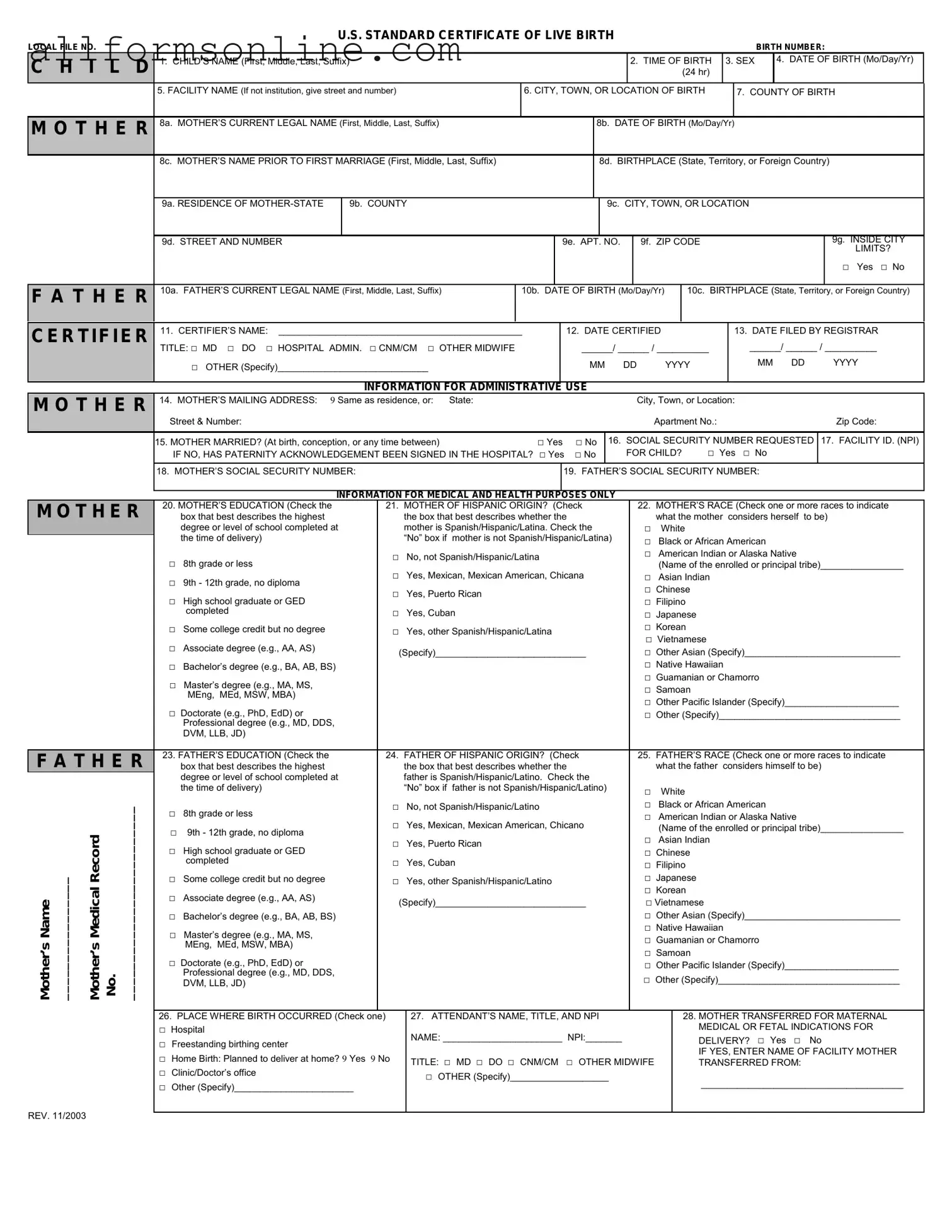Free CDC U.S. Standard Certificate of Live Birth PDF Form