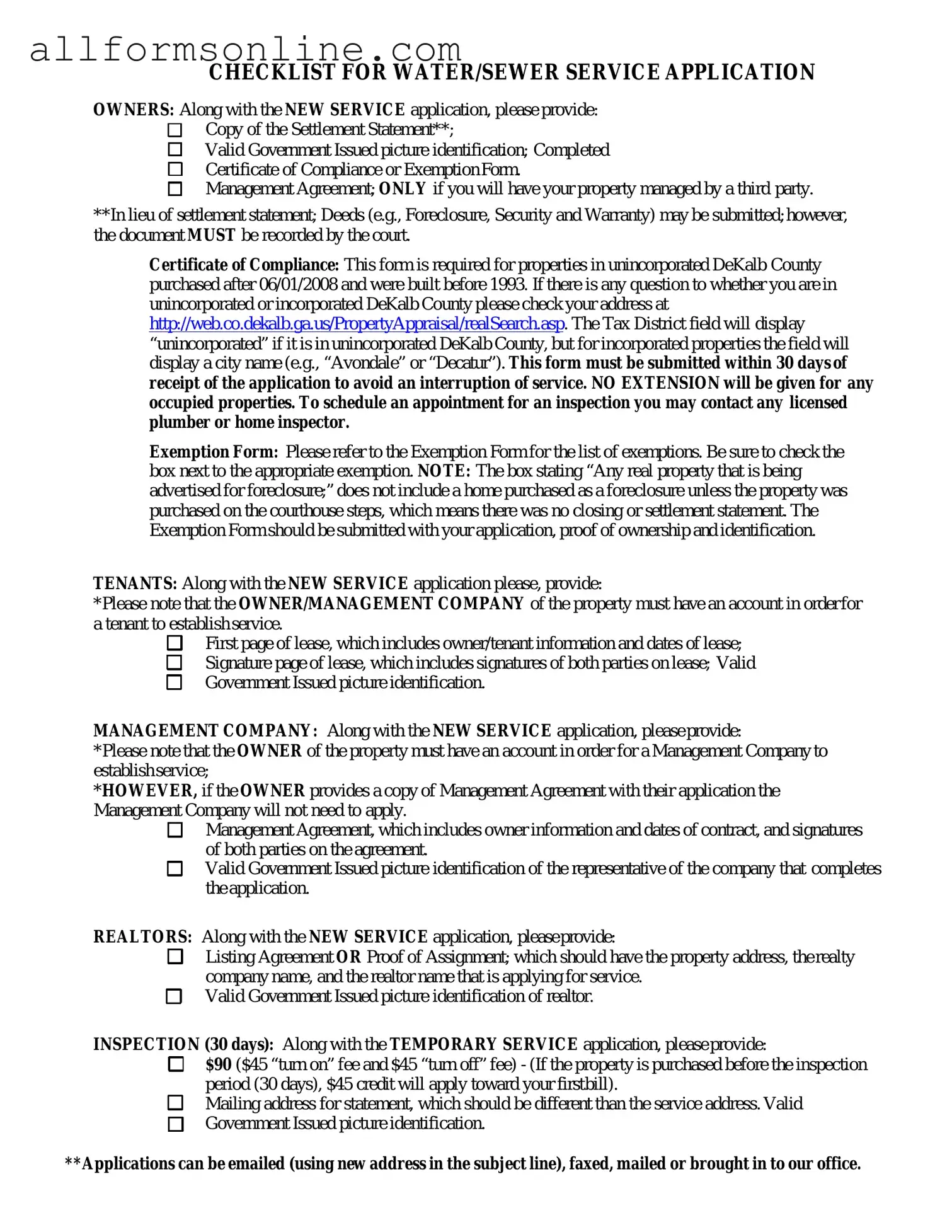 Free Dekalb County Water Application PDF Form