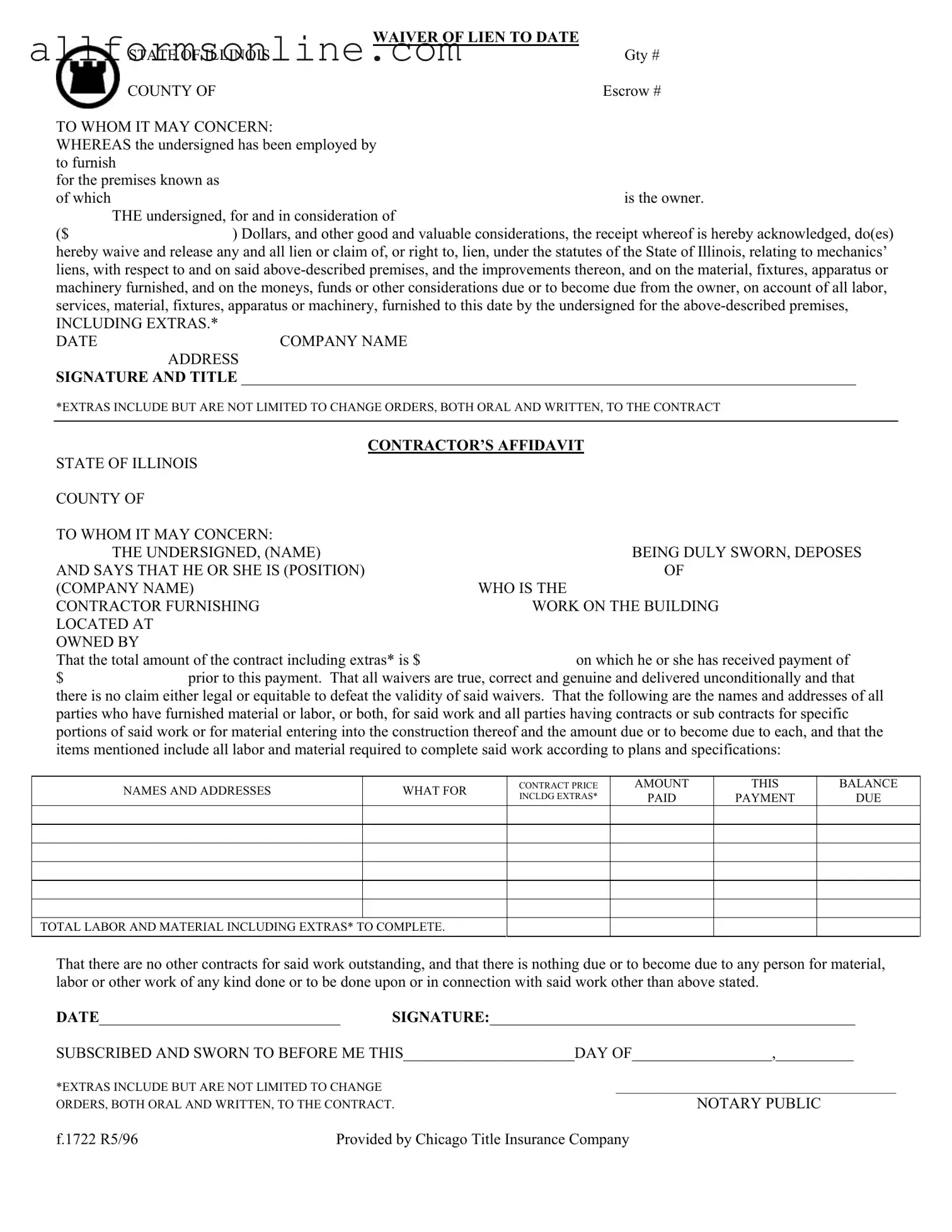 Free Chicago Title Waiver Format PDF Form