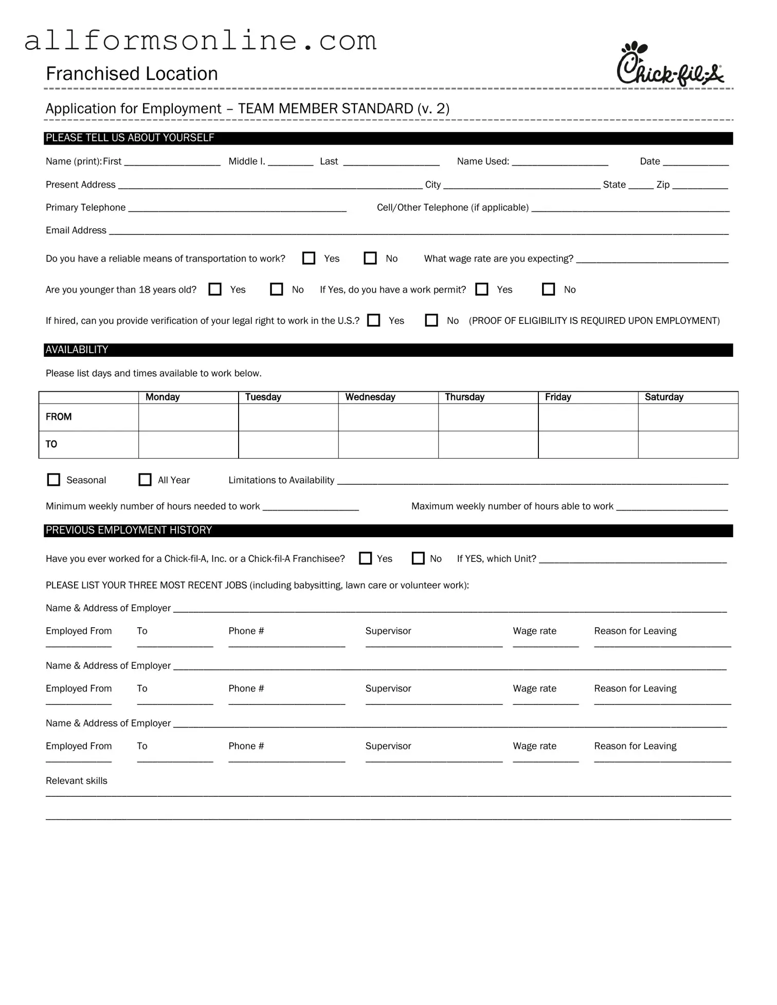 Free Chick Fil A Job Application PDF Form