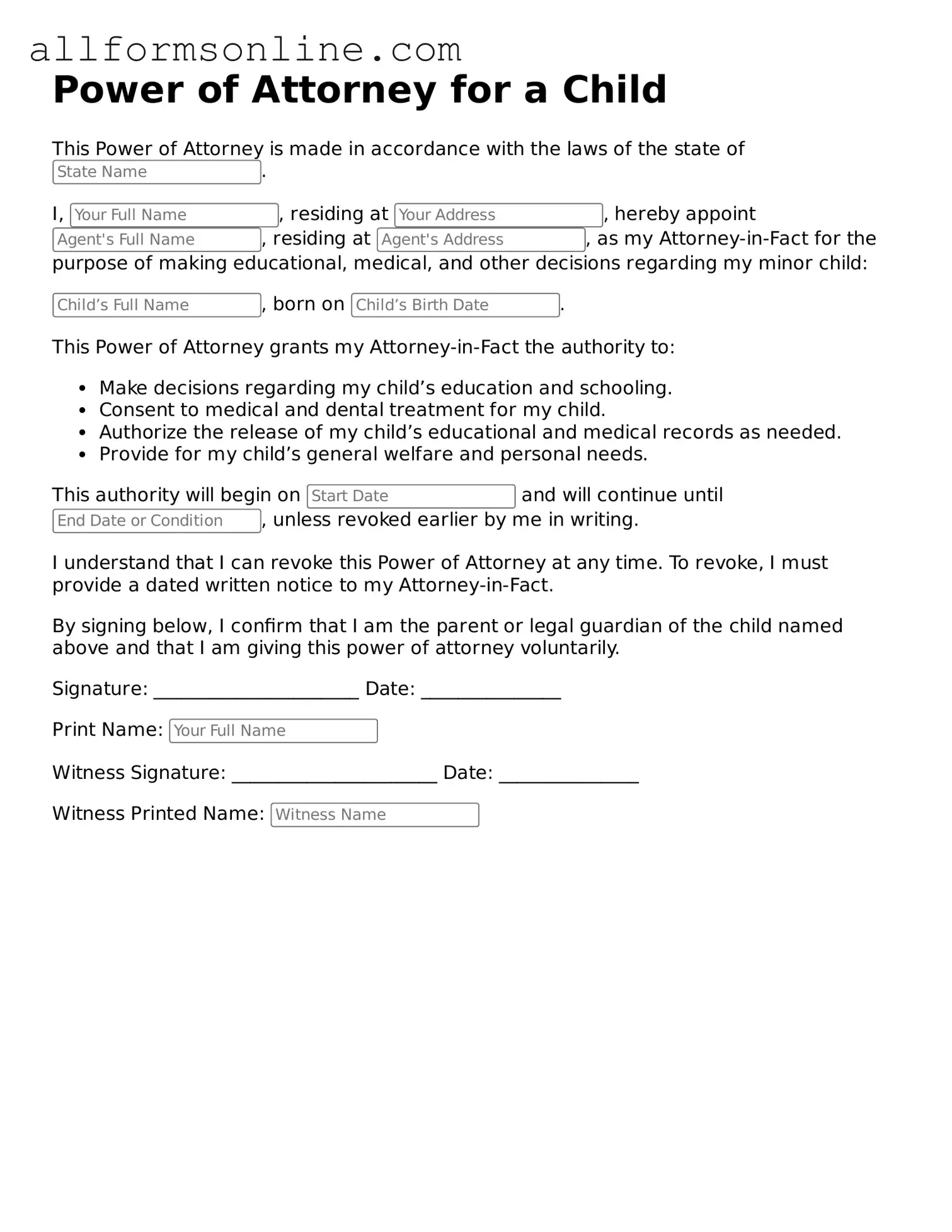 Blank Power of Attorney for a Child Form
