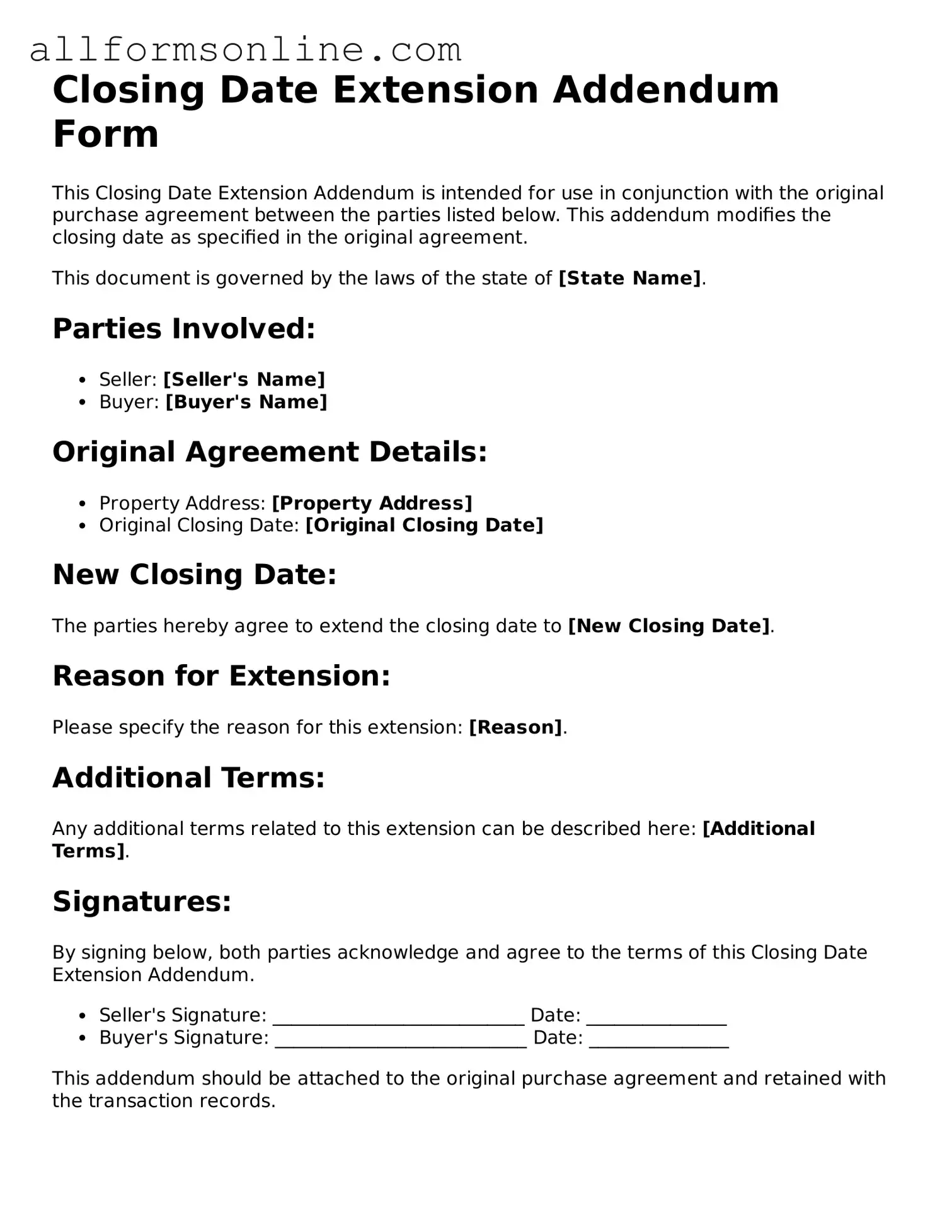 Blank Closing Date Extension Addendum Form Form