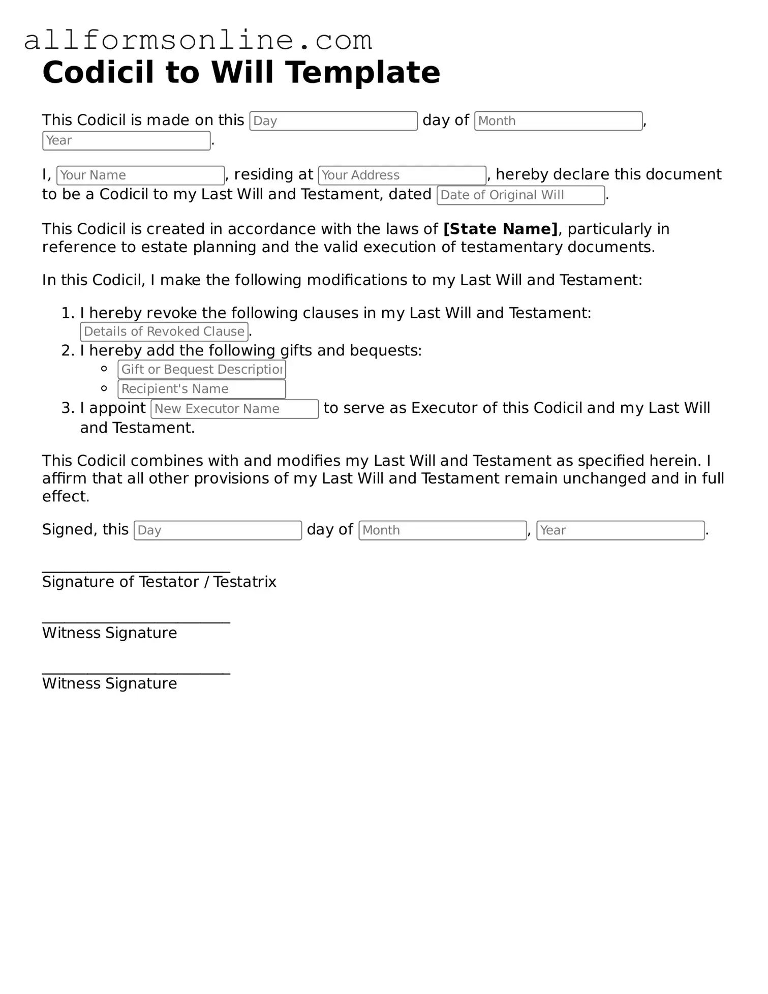 Blank Codicil to Will Form
