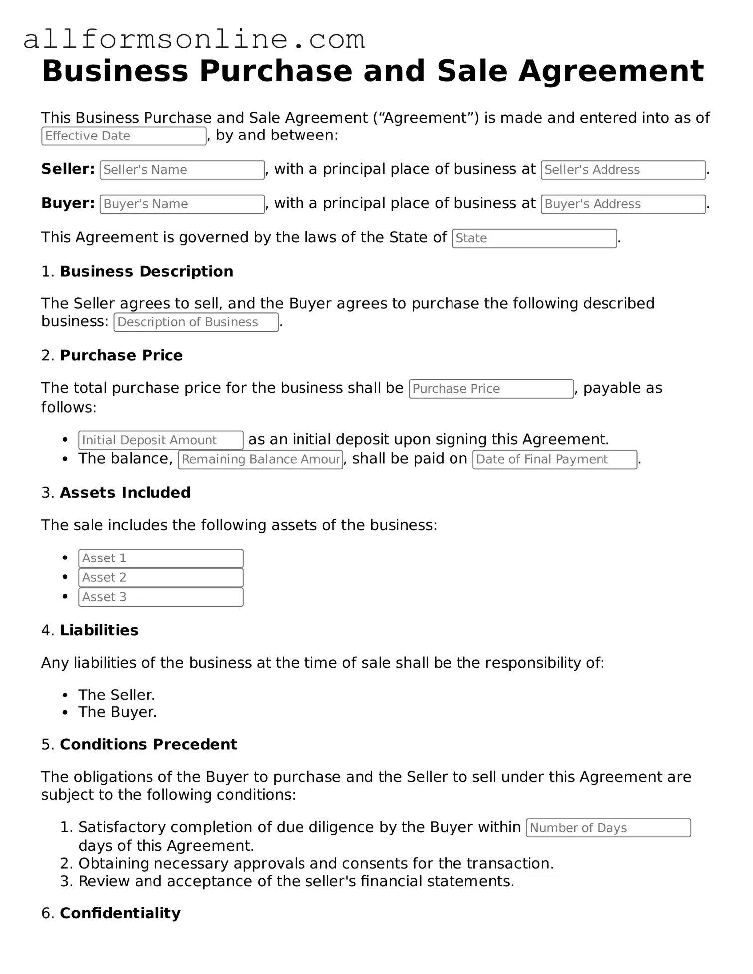 Blank Business Purchase and Sale Agreement Form