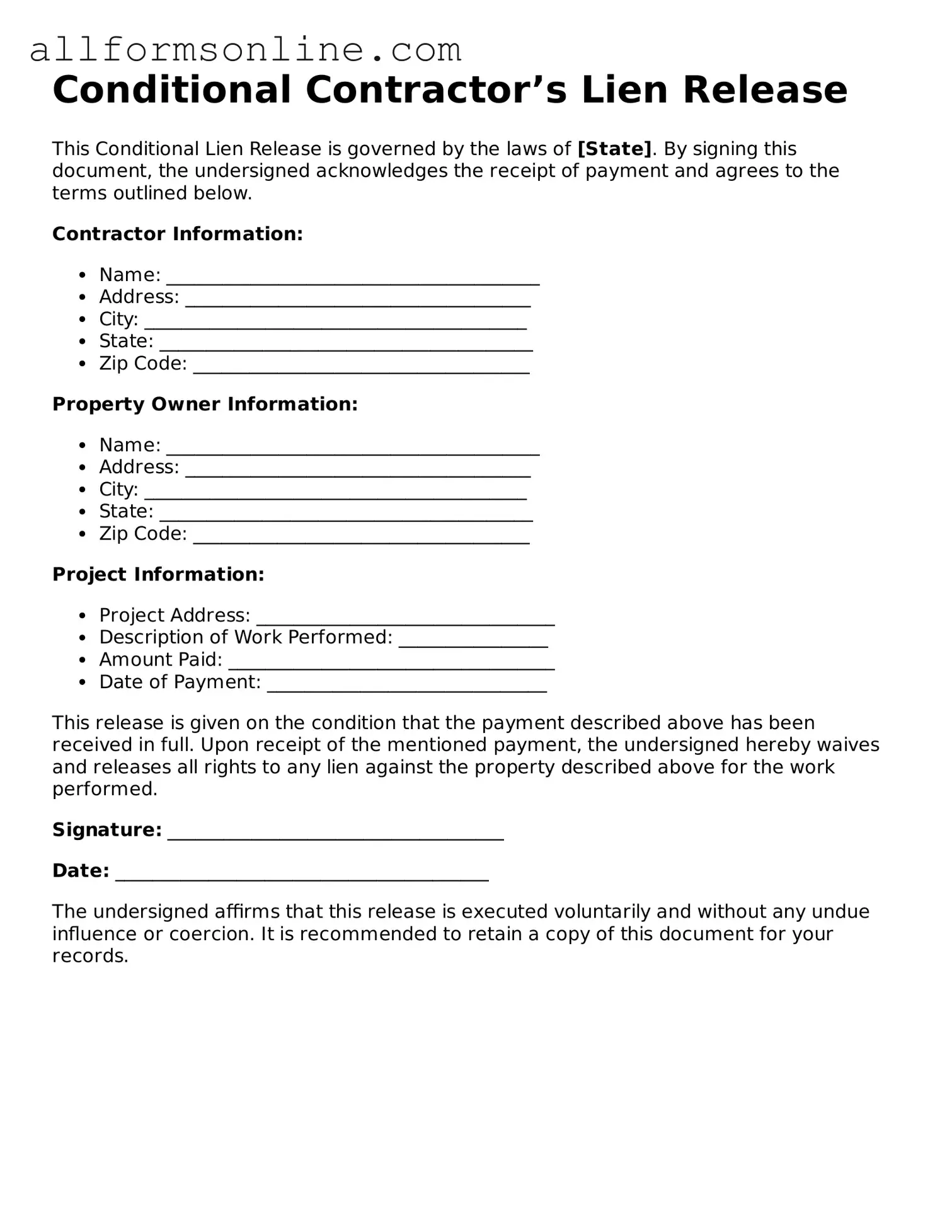 Blank Conditional Contractor’s Lien Release Form