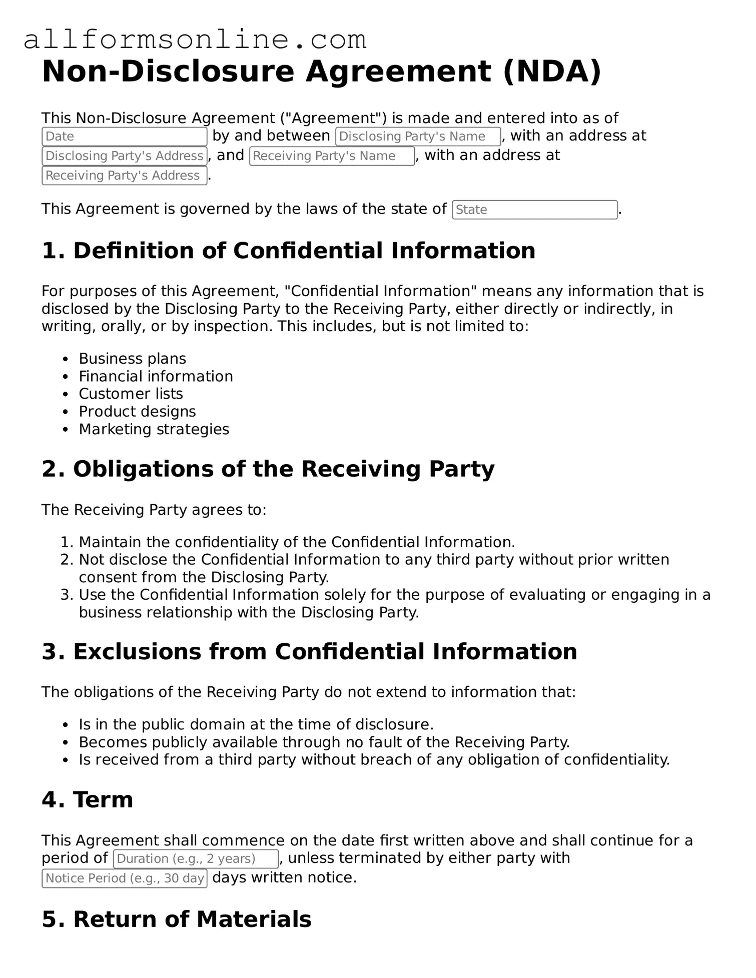 Blank Non-disclosure Agreement Form