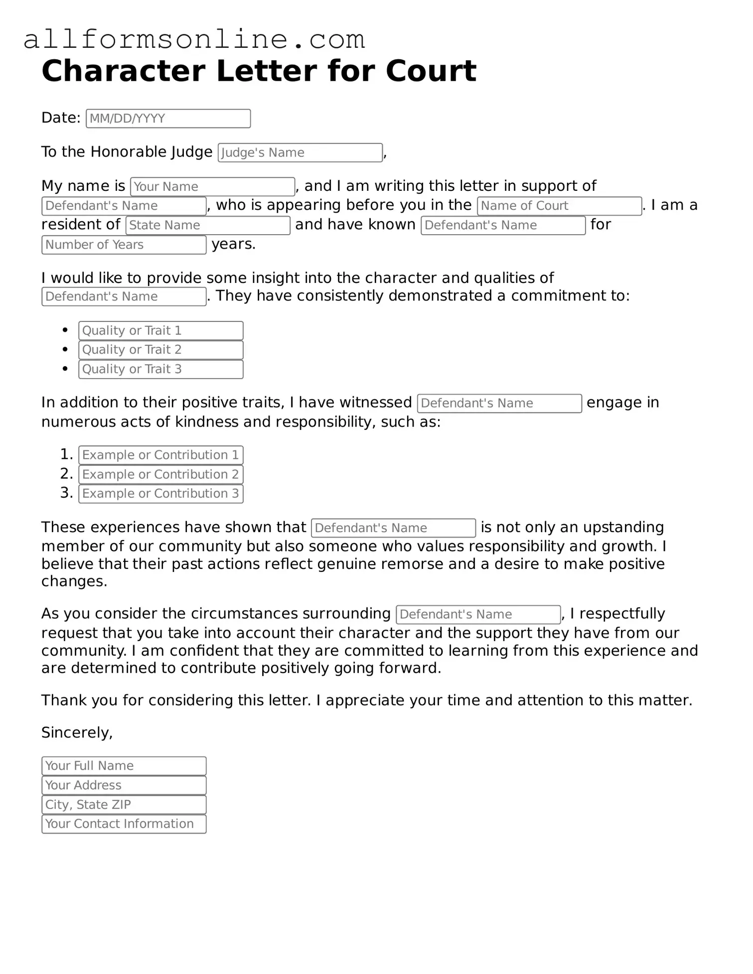 Blank Character Letter for Court Form