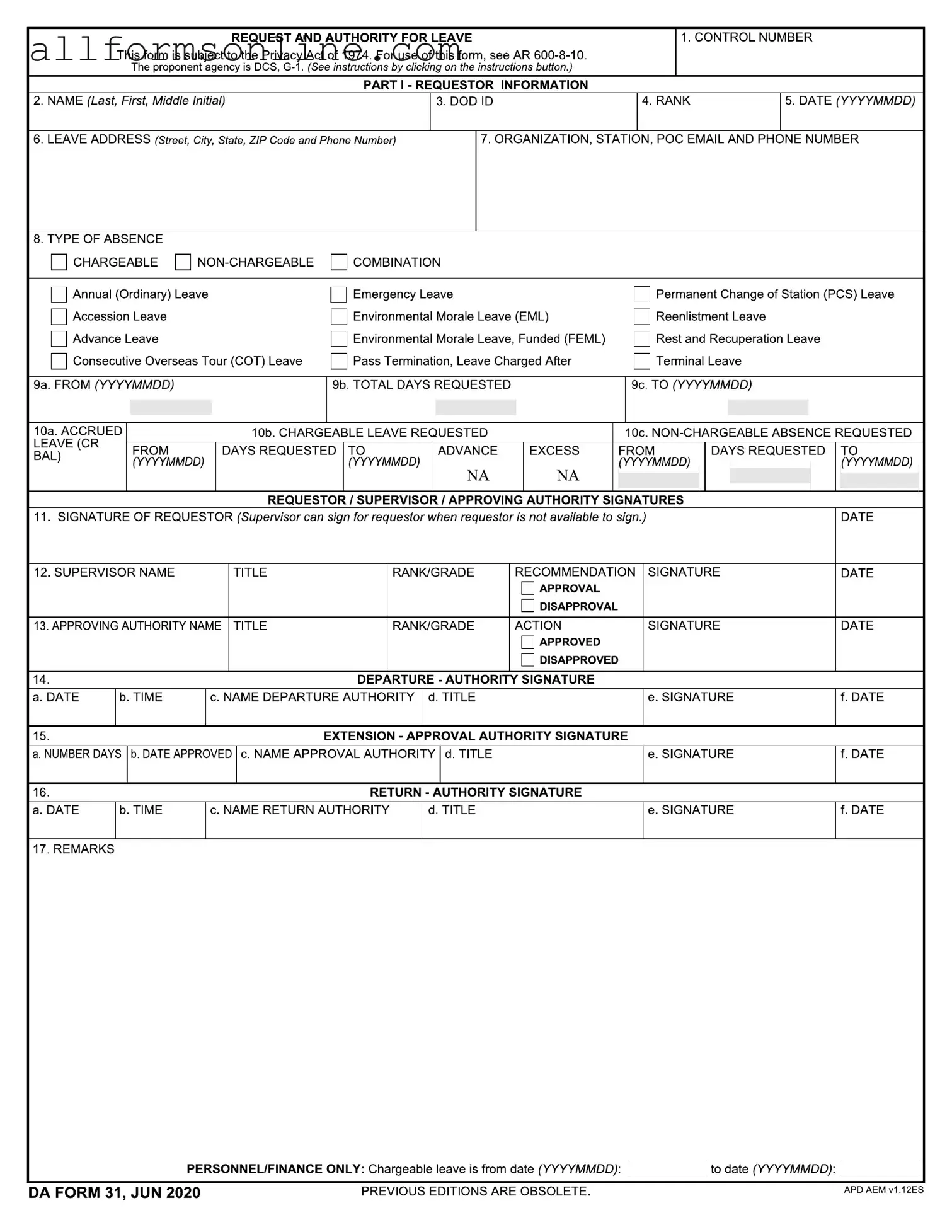Free Da 31 PDF Form