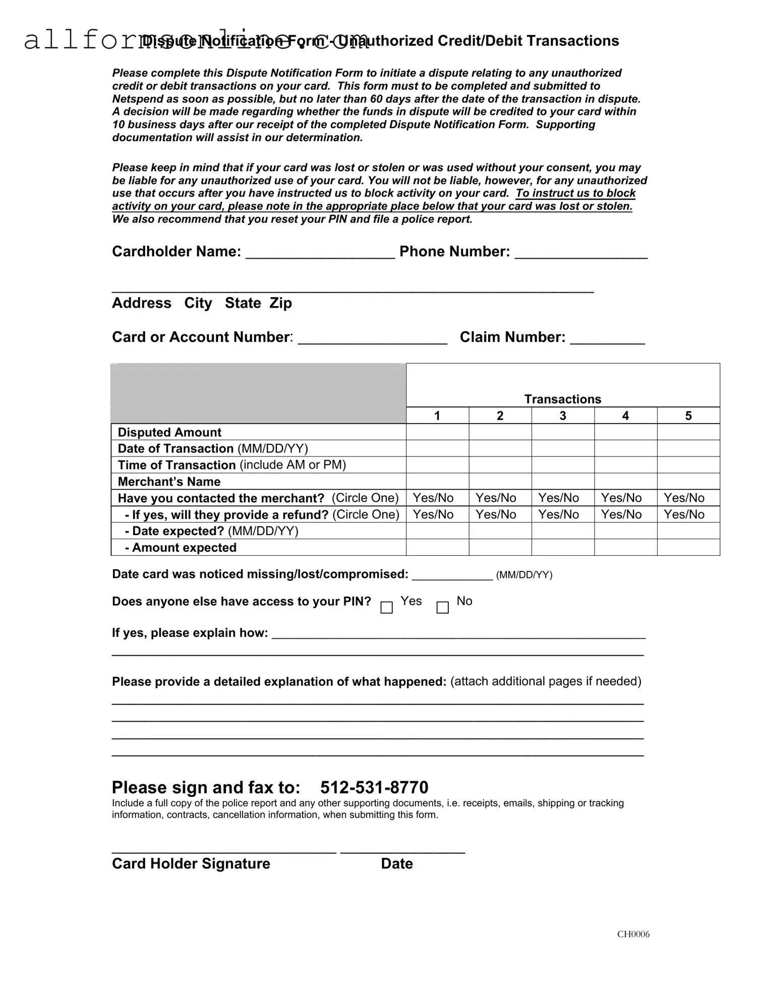 Free Netspend Dispute PDF Form