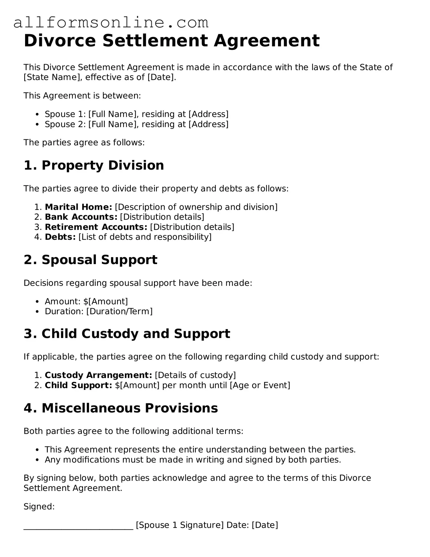 Blank Divorce Settlement Agreement Form