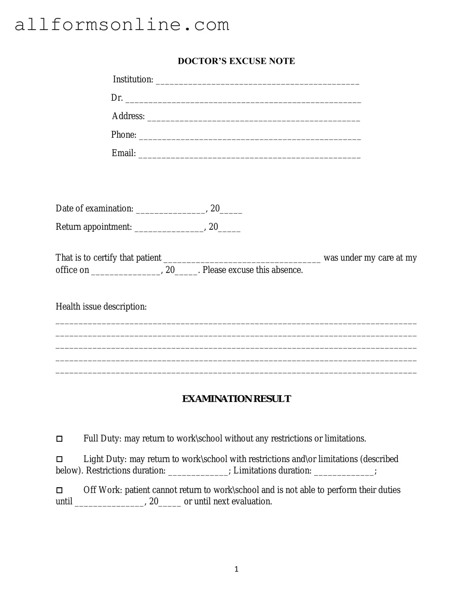 Free Doctors Excuse Note PDF Form