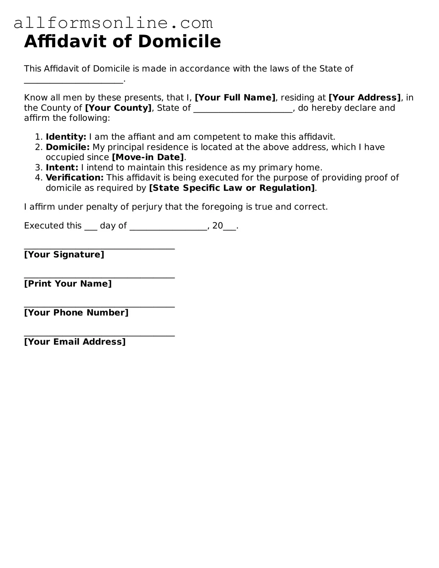 Blank Affidavit of Domicile Form