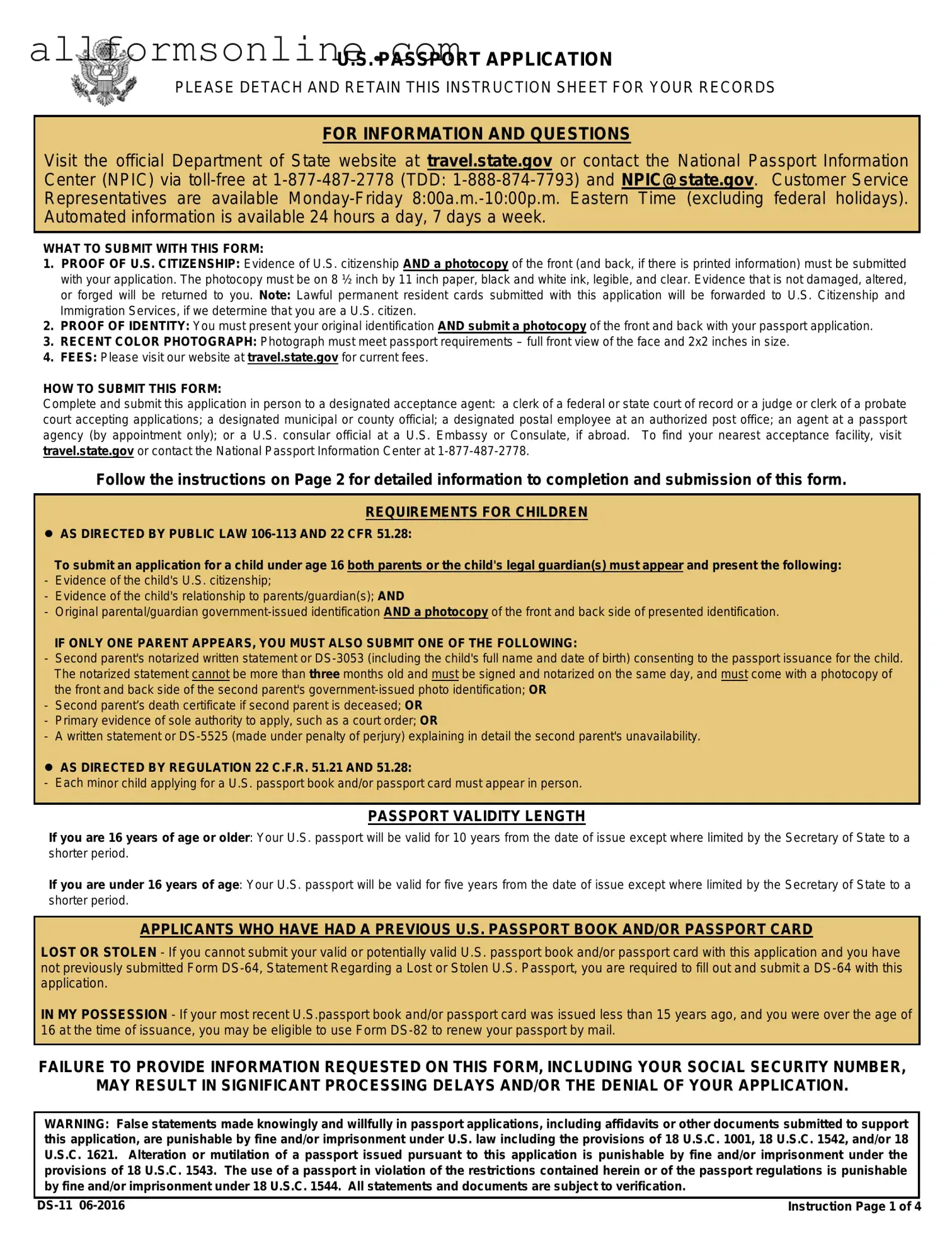 Free DS-11 U.S. Passport application PDF Form