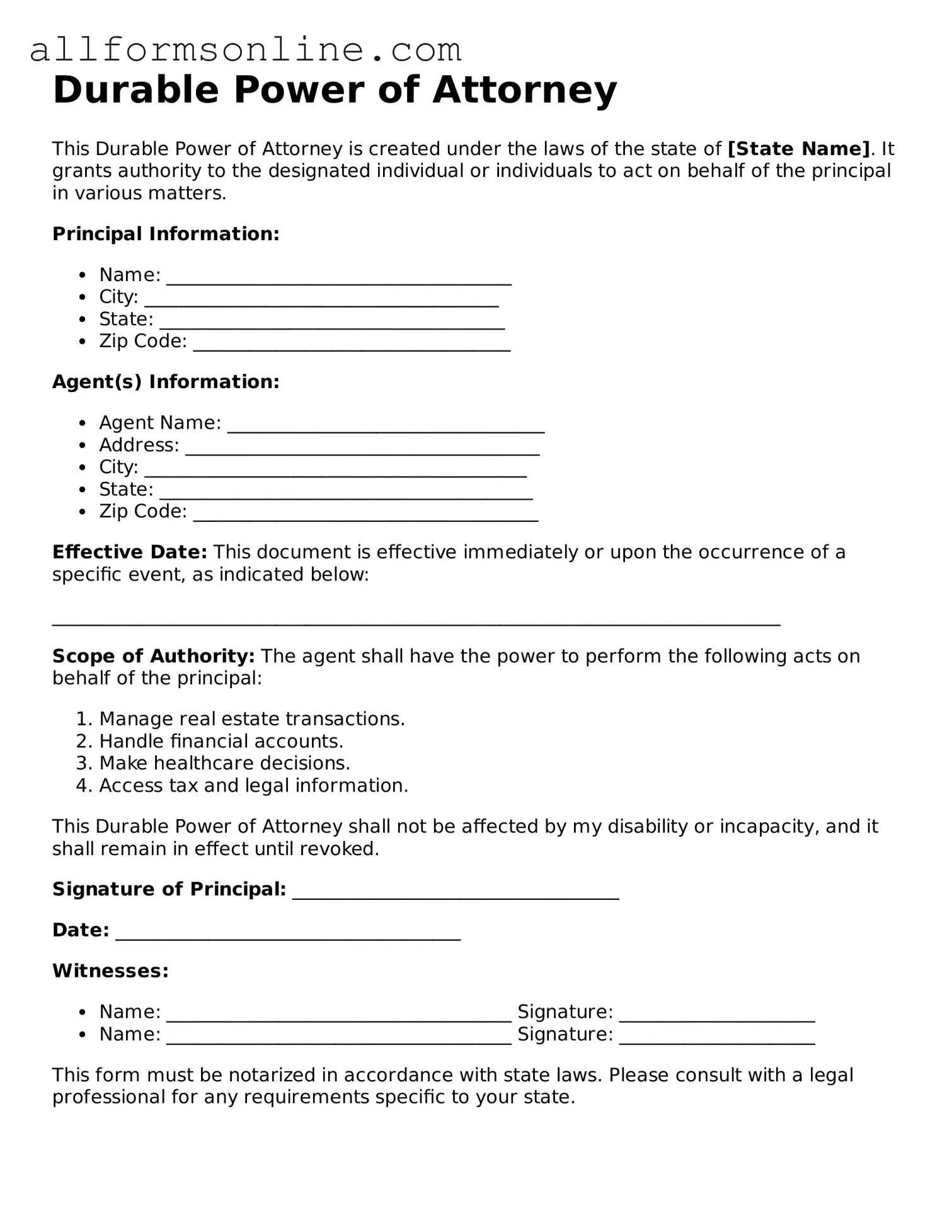 Blank Durable Power of Attorney Form