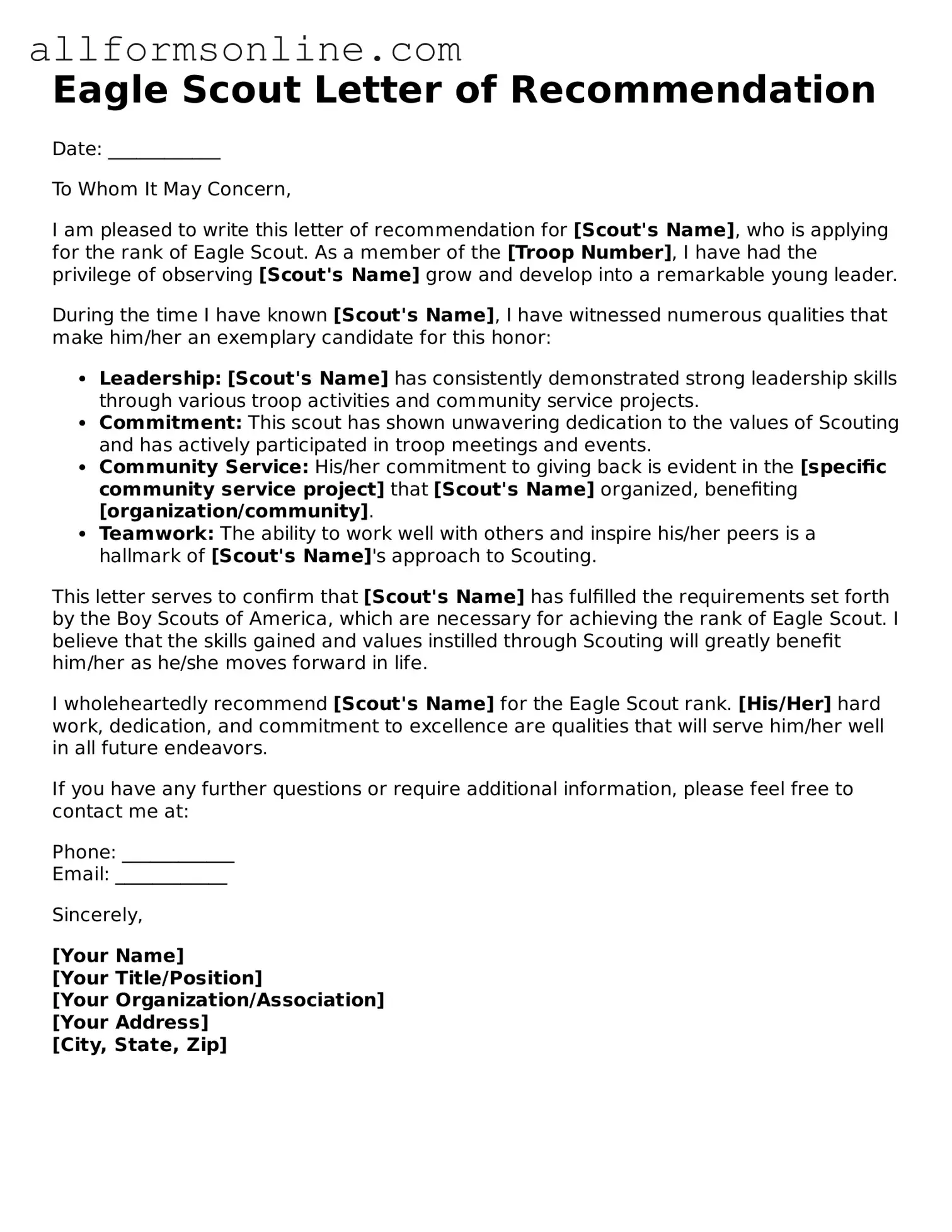 Blank Eagle Scout Letter of Recommendation Form