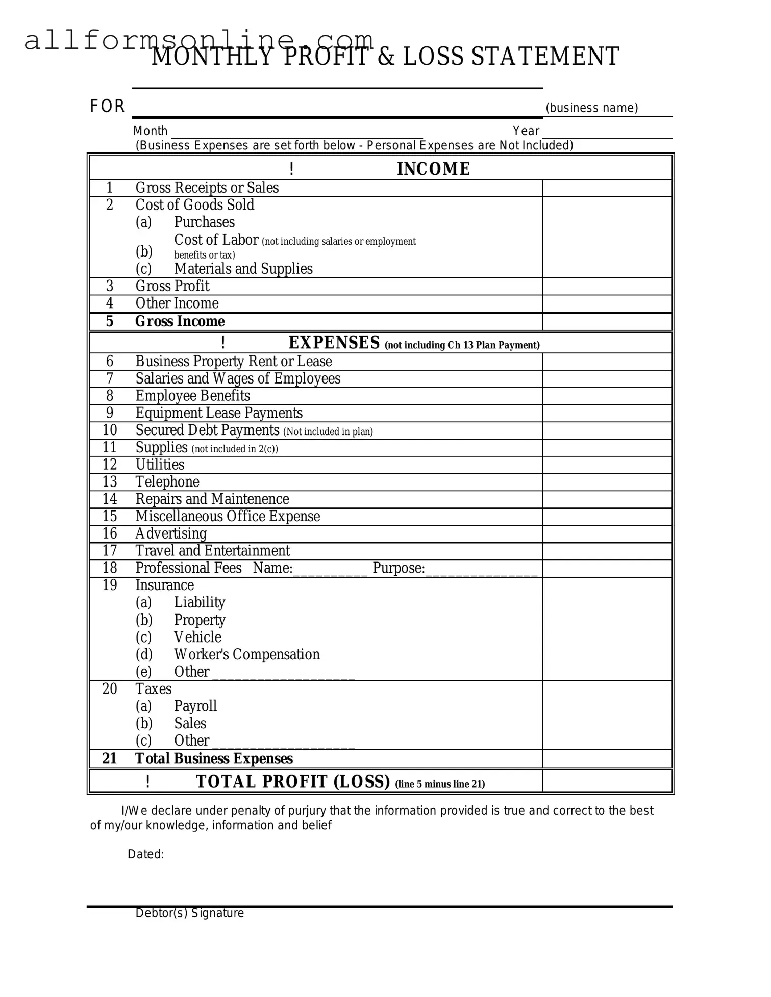 Free Profit And Loss PDF Form