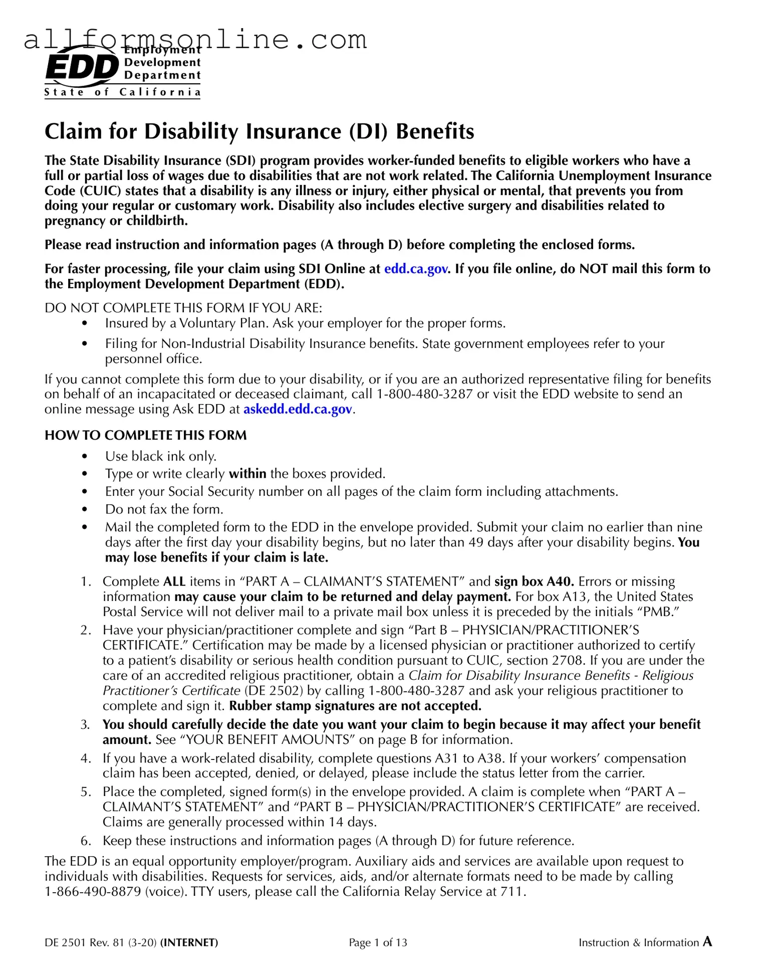 Free EDD DE 2501 PDF Form