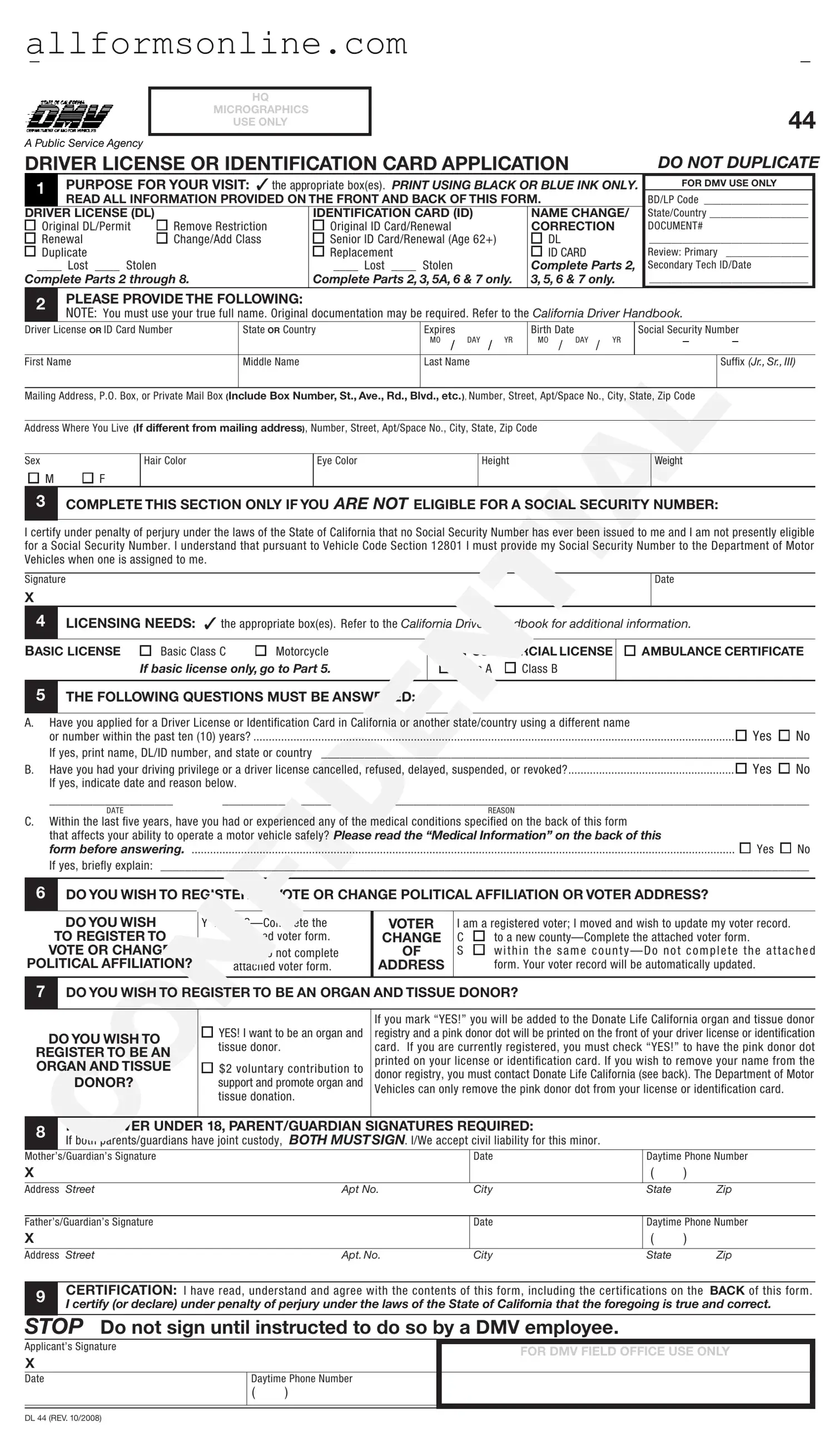 Free Ca Dmv Dl 44 PDF Form