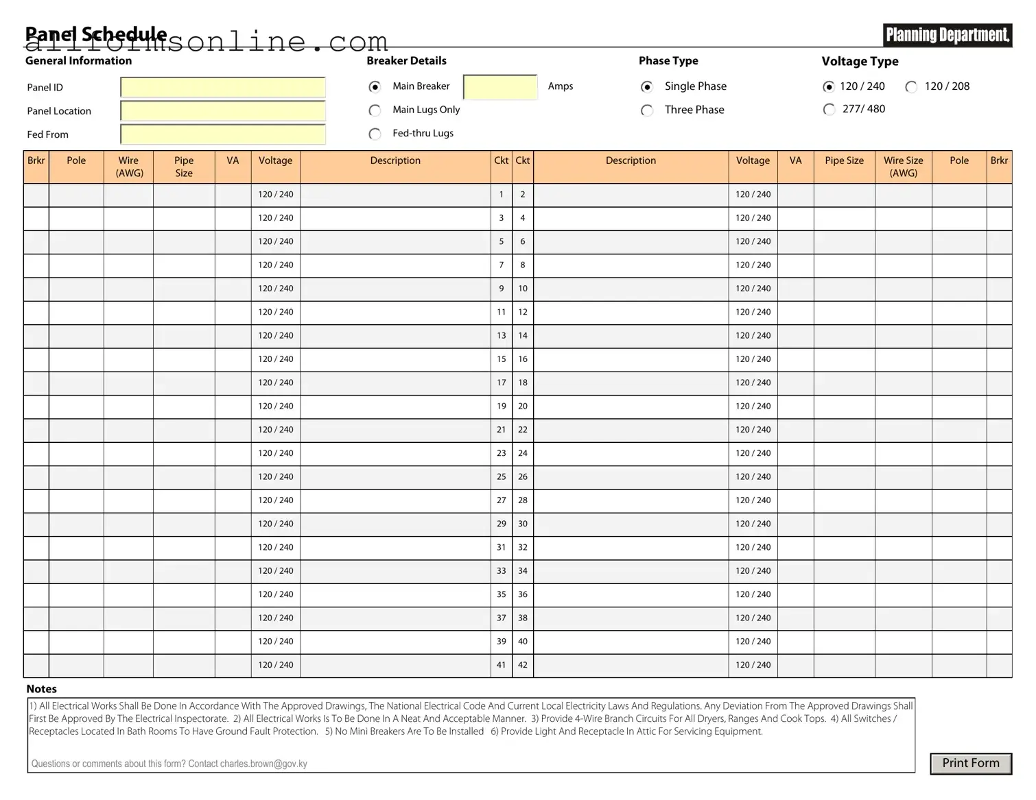 Free Electrical Panel Schedule PDF Form
