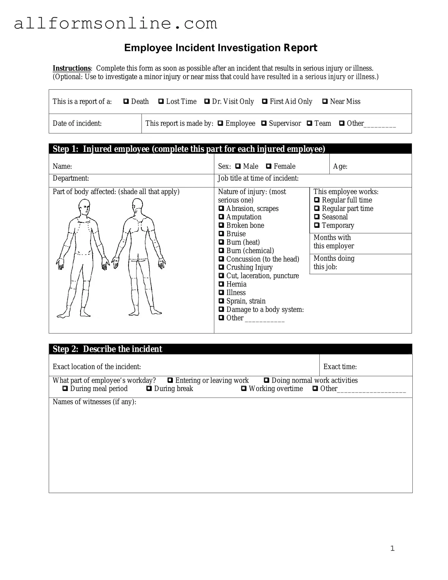 Free Employee Accident Report PDF Form