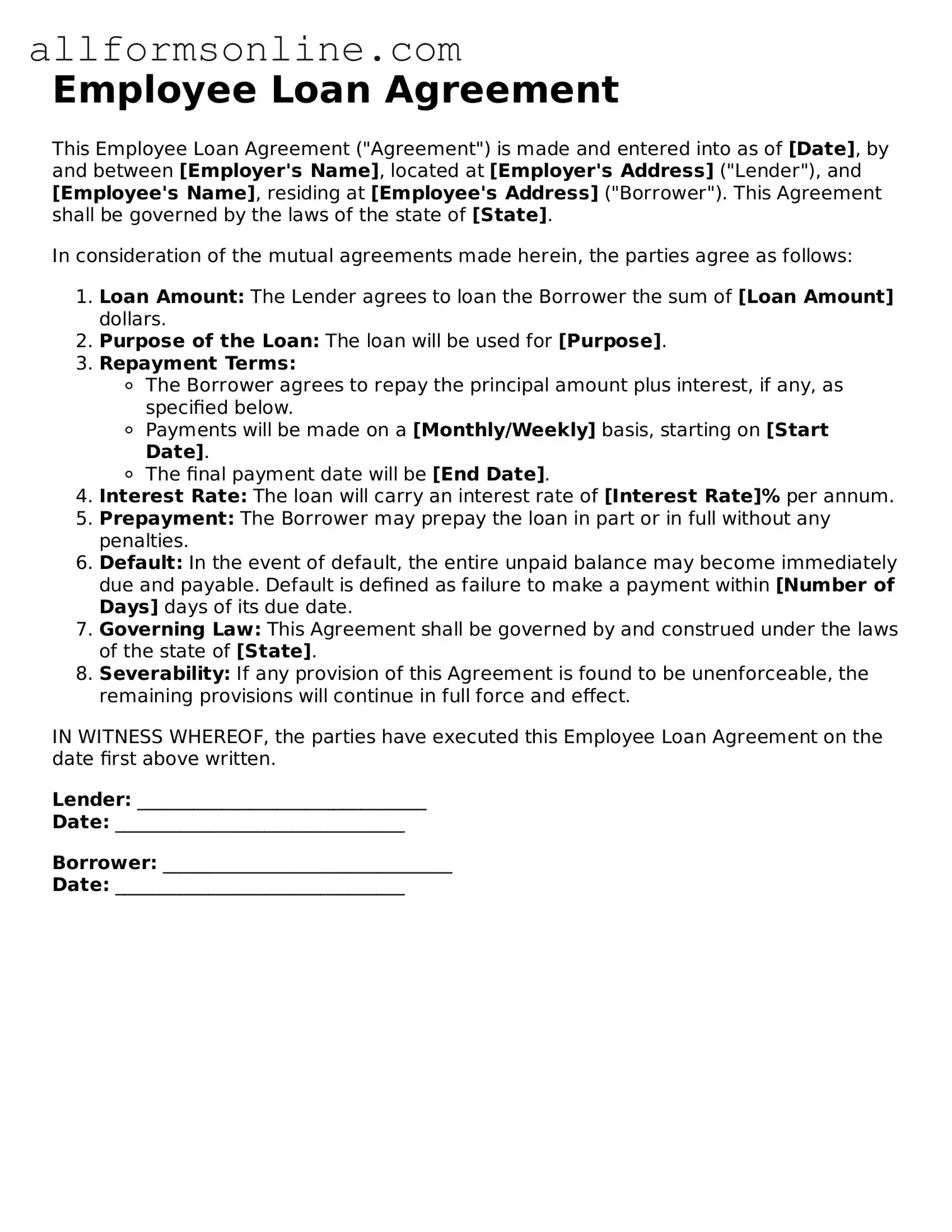 Blank Employee Loan Agreement Form