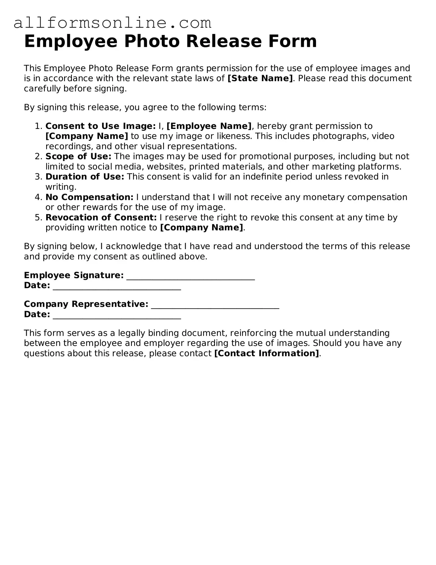Blank Employee Photo Release Form