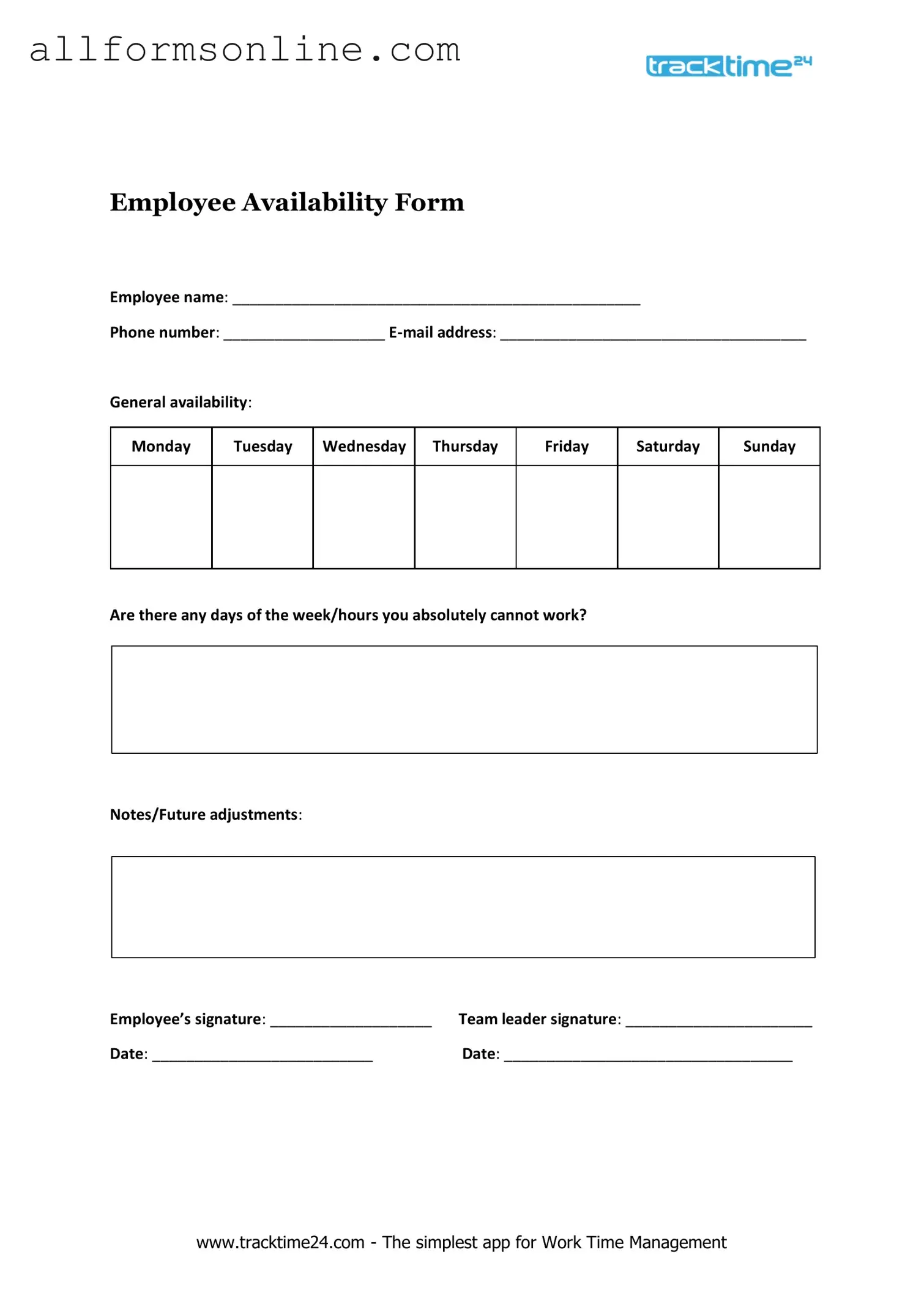 Free Employee Availability PDF Form
